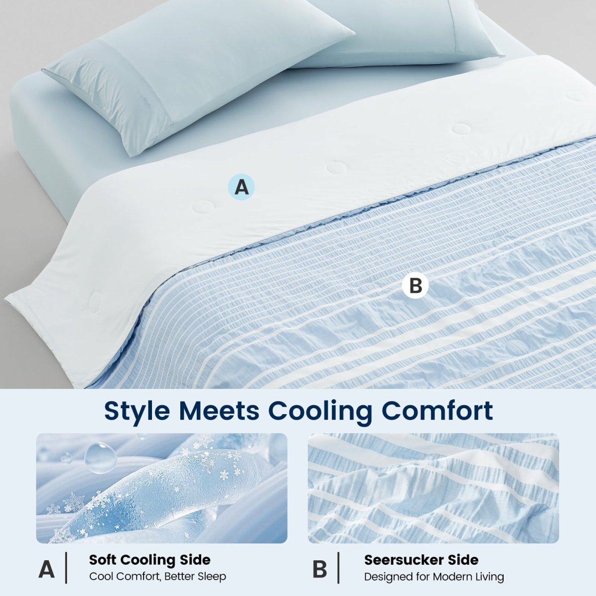 Cozy Bliss cationic dyed striped seersucker cooling comforter in Sky Blue with dual-sided cooling design #color_Sky Blue