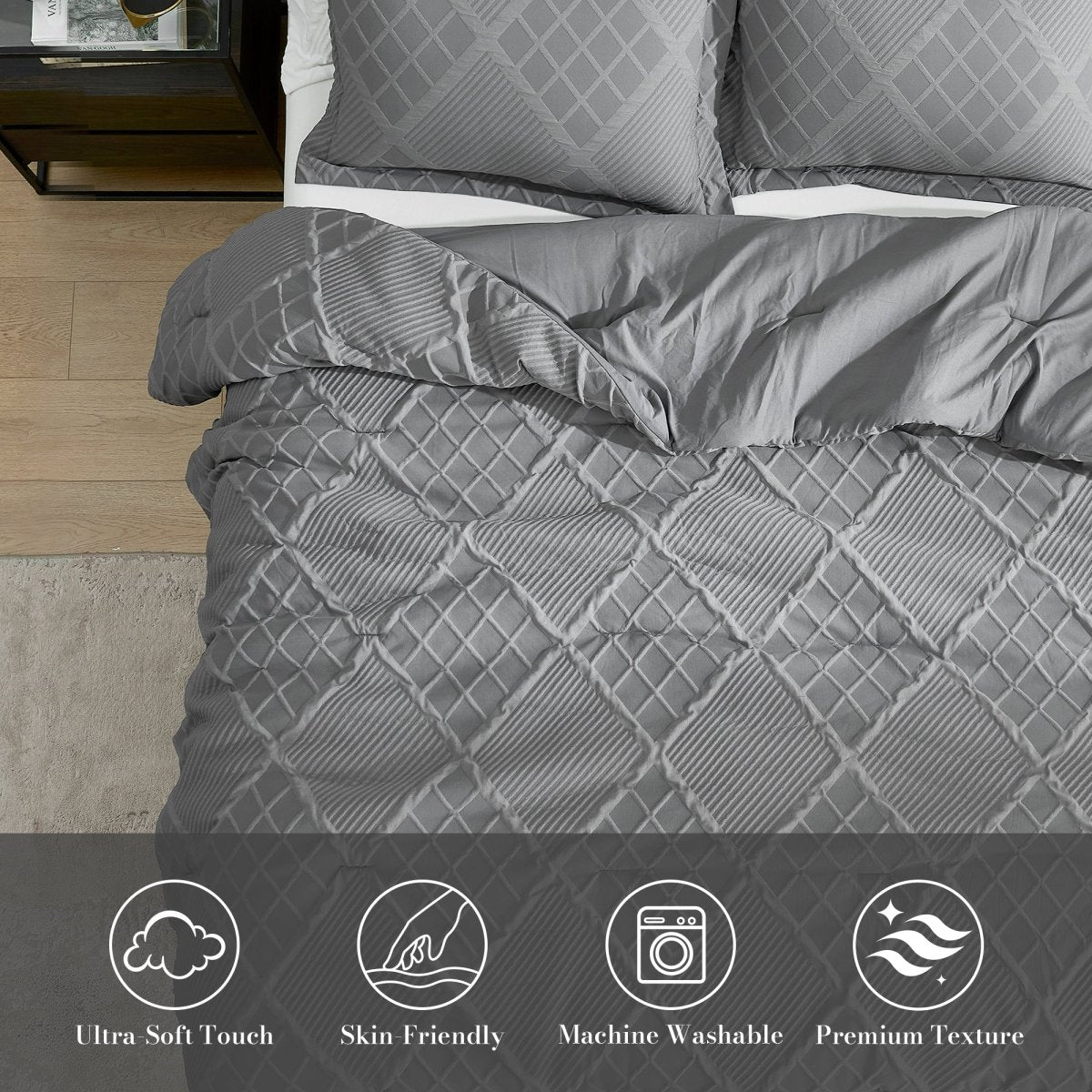 Top-down view of the ultra-soft diamond jacquard comforter with skin-friendly and machine washable fabric #color_Dark Grey