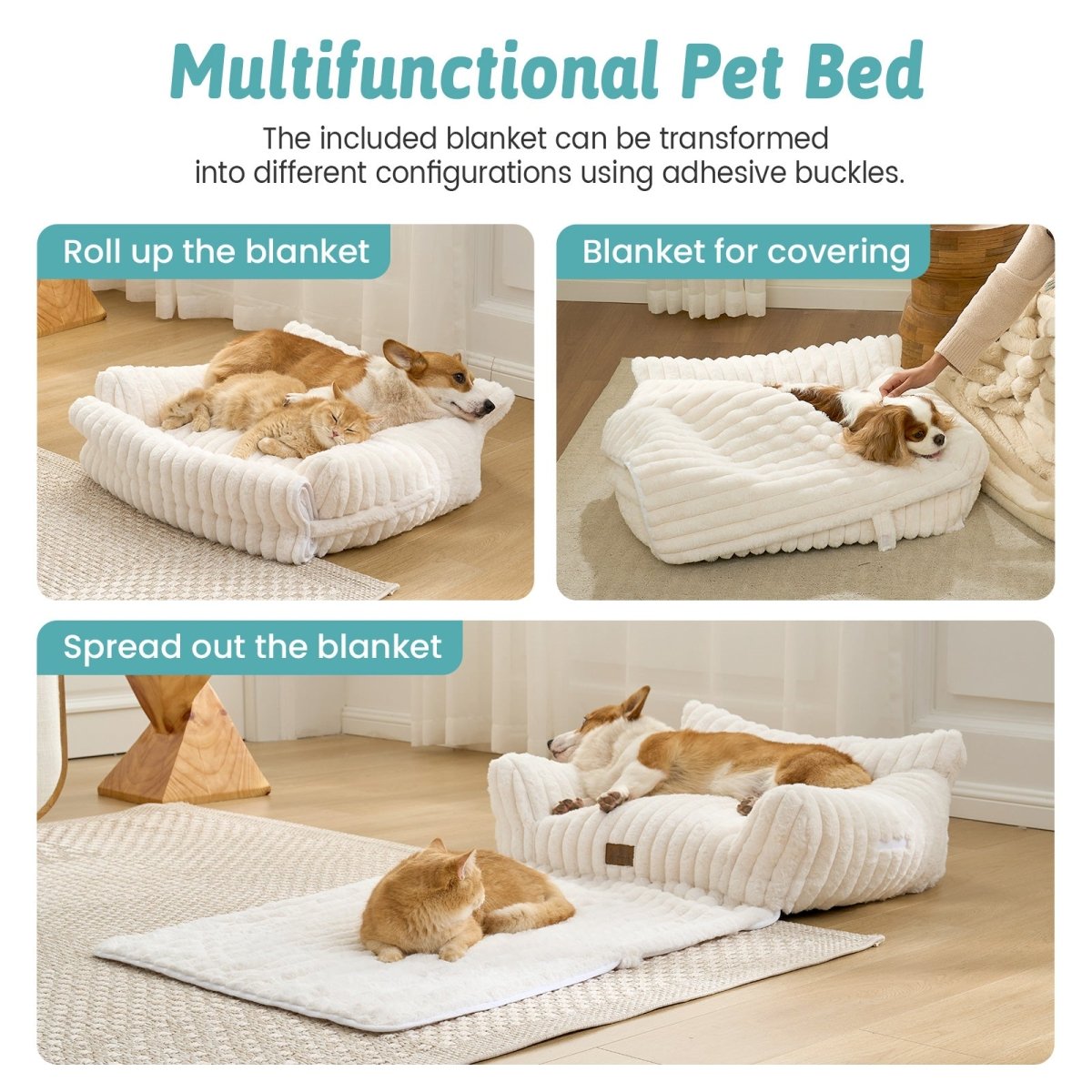 Multifunctional pet bed with a blanket that can be rolled up, used as a cover, or spread out.#color_Cream White