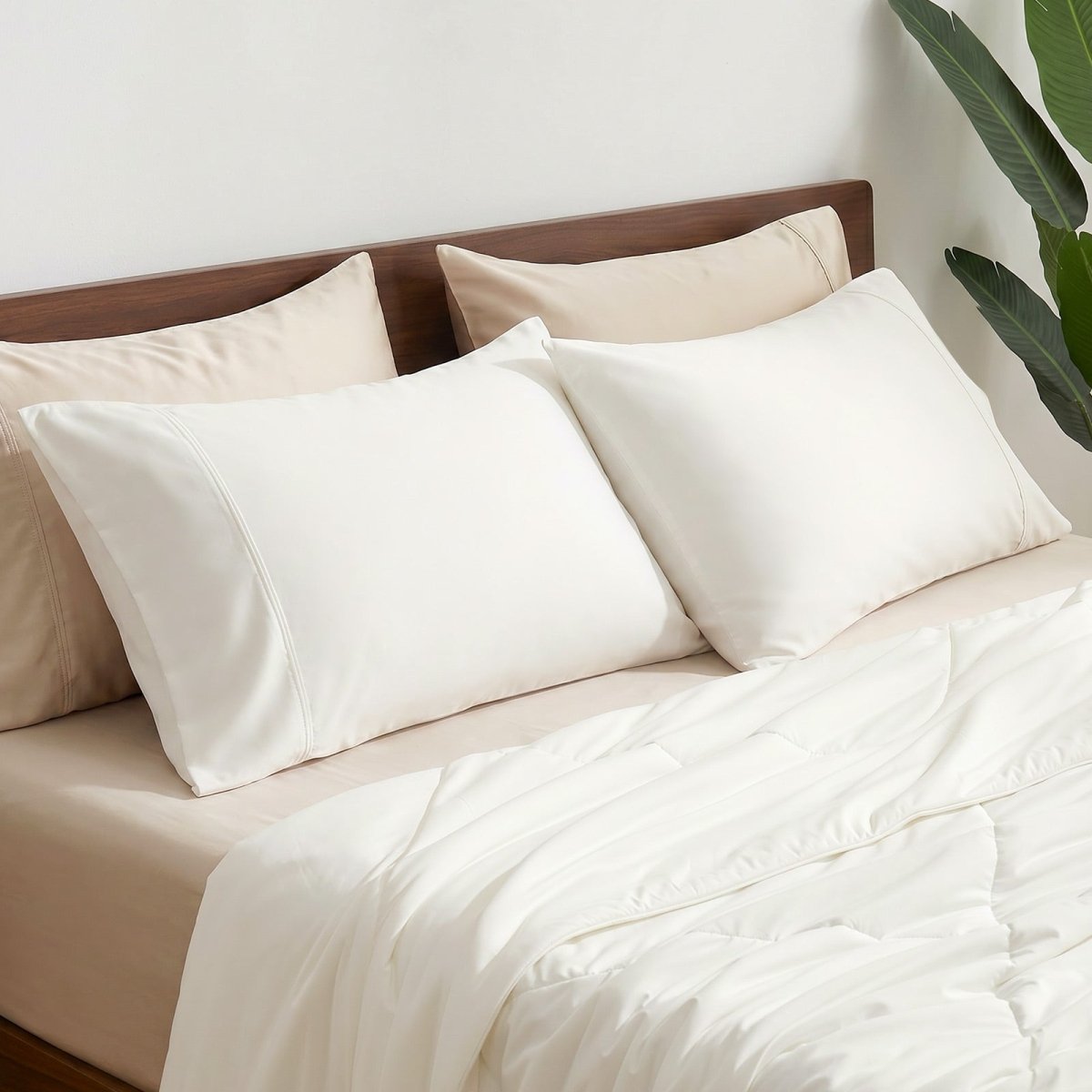 Cozy Bliss cooling pillowcases on bed in side view.#color_Off White