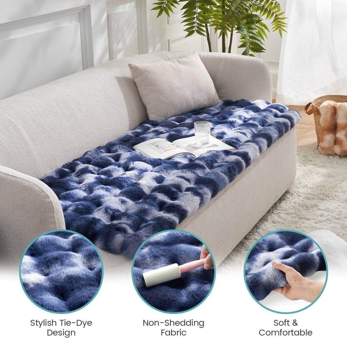 Blue tie-dye couch cover on a sofa with close-up details of fabric texture and care.#color_Tie-dye Blue