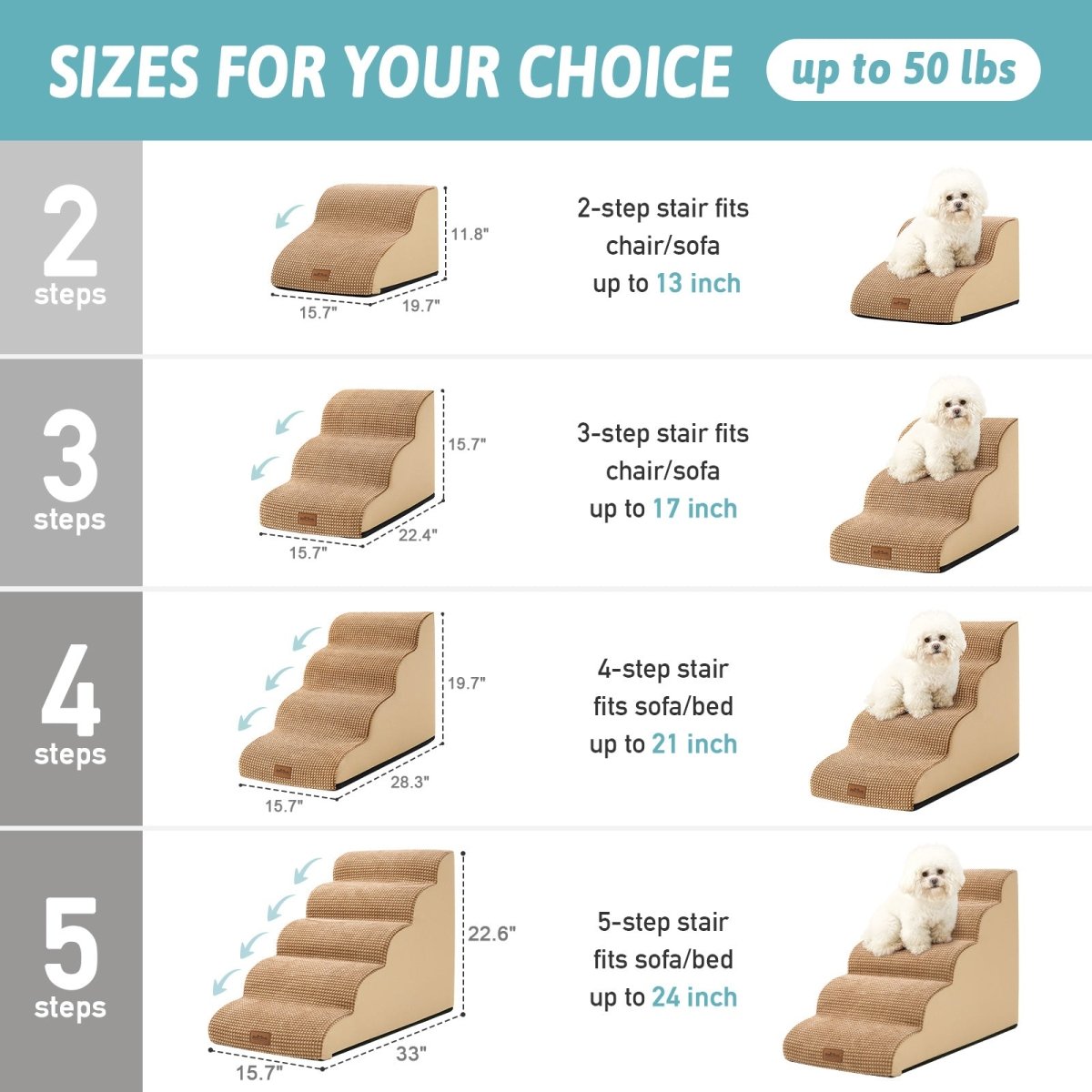 Dog stairs with size chart for different heights and a white dog on each step.#color_Light Brown