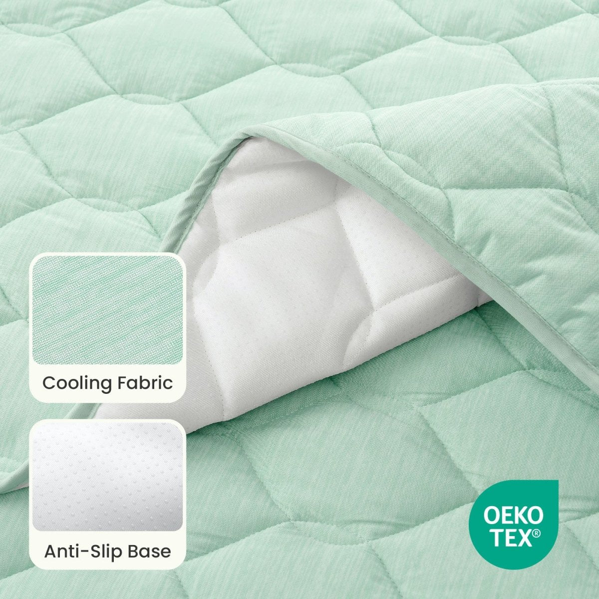 Close up of OEKO-TEX certified Blue couch cover fabric with cooling fabric and anti-slip base.#Color_Light Mint Green
