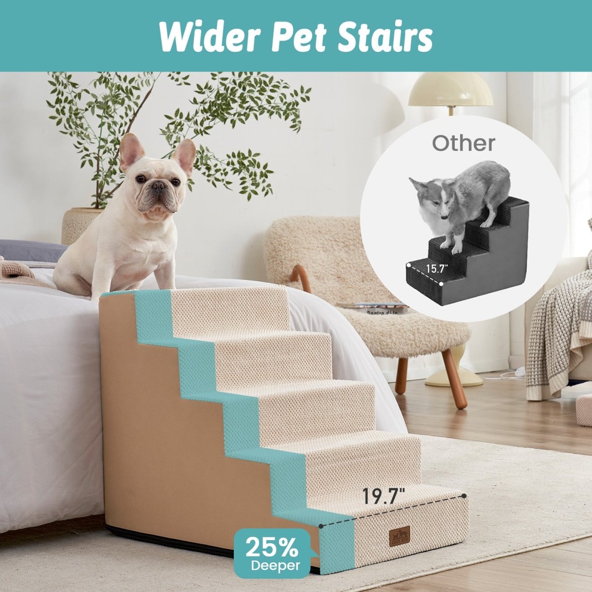 Wider Cozy Bliss foam pet stairs with 25% deeper steps compared to others for better stability. #color_Beige