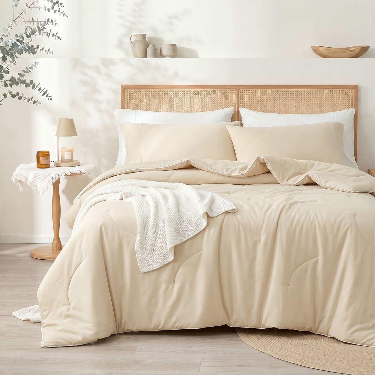 Cozy Bliss Ultra Cooling Double-sided Comforter in front view.#color_Beige