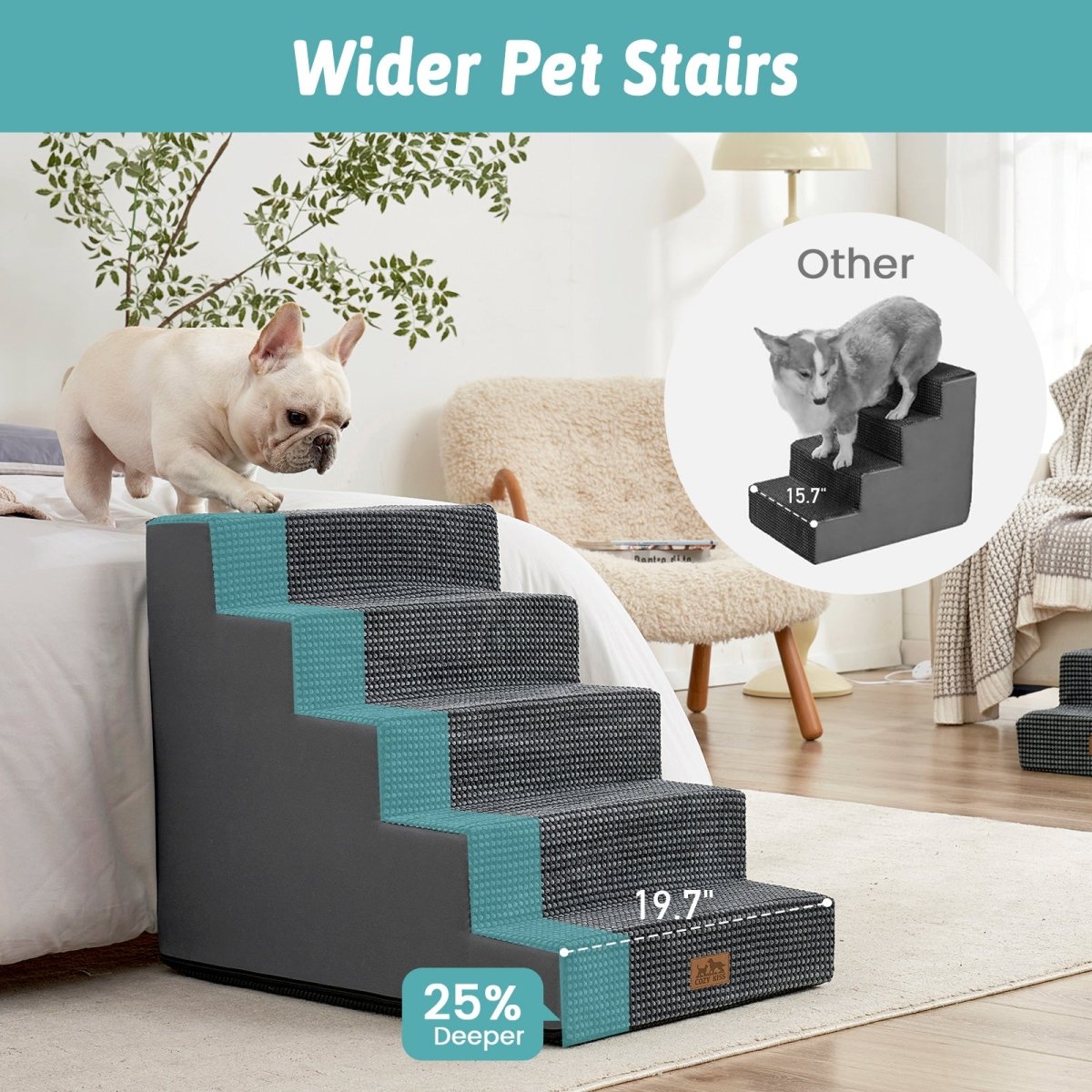 Wider Cozy Bliss foam pet stairs with 25% deeper steps compared to others for better stability. #color_Grey