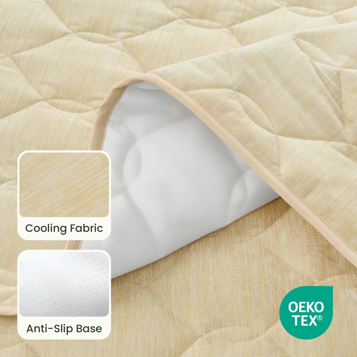 Beige pet mat with cooling fabric and anti-slip base, featuring OEKO-TEX certification.#Color_Beige