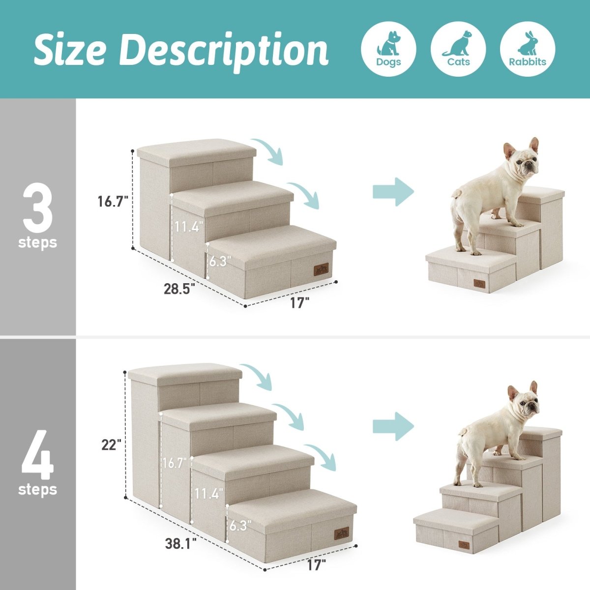 Size description chart for 3-step and 4-step Cozy Bliss storage pet stairs with detailed height and width measurements. #color_Beige