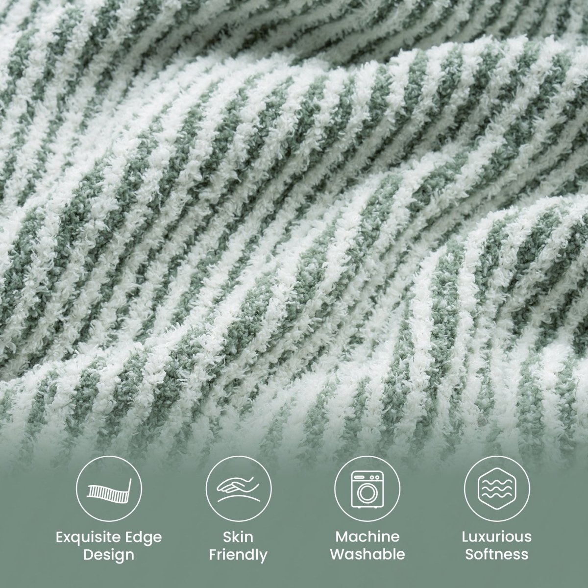 Close-up of ribbed texture and contrast edge on Soft Ribbed Feather Yarn Throw Blanket in Sage Green featuring skin-friendly, machine washable and luxurious softness. #color_Sage Green