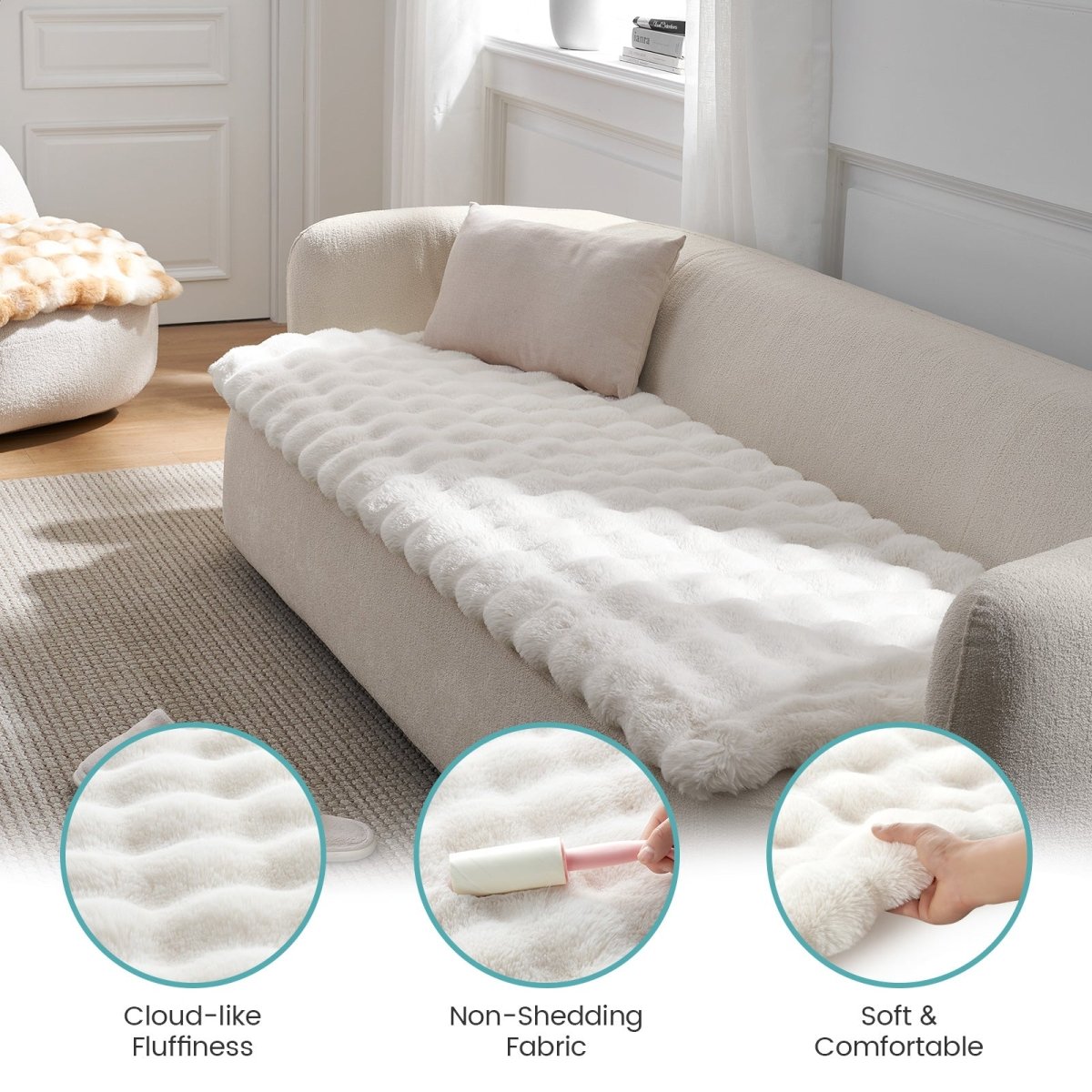 Cream white couch cover on a sofa with close-up details of fabric texture and care.#color_Cream White