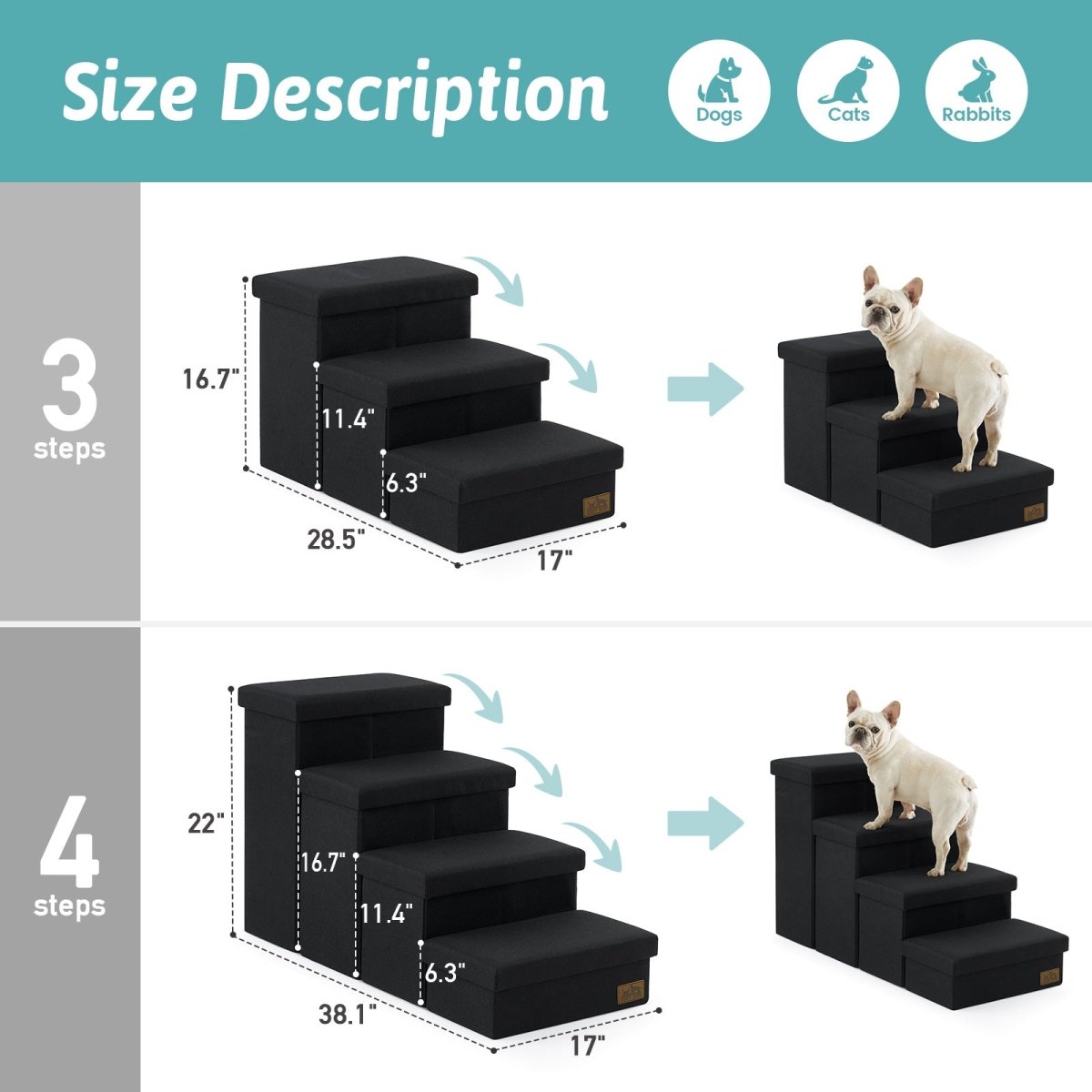 Size description chart for 3-step and 4-step Cozy Bliss storage pet stairs with detailed height and width measurements. #color_Black