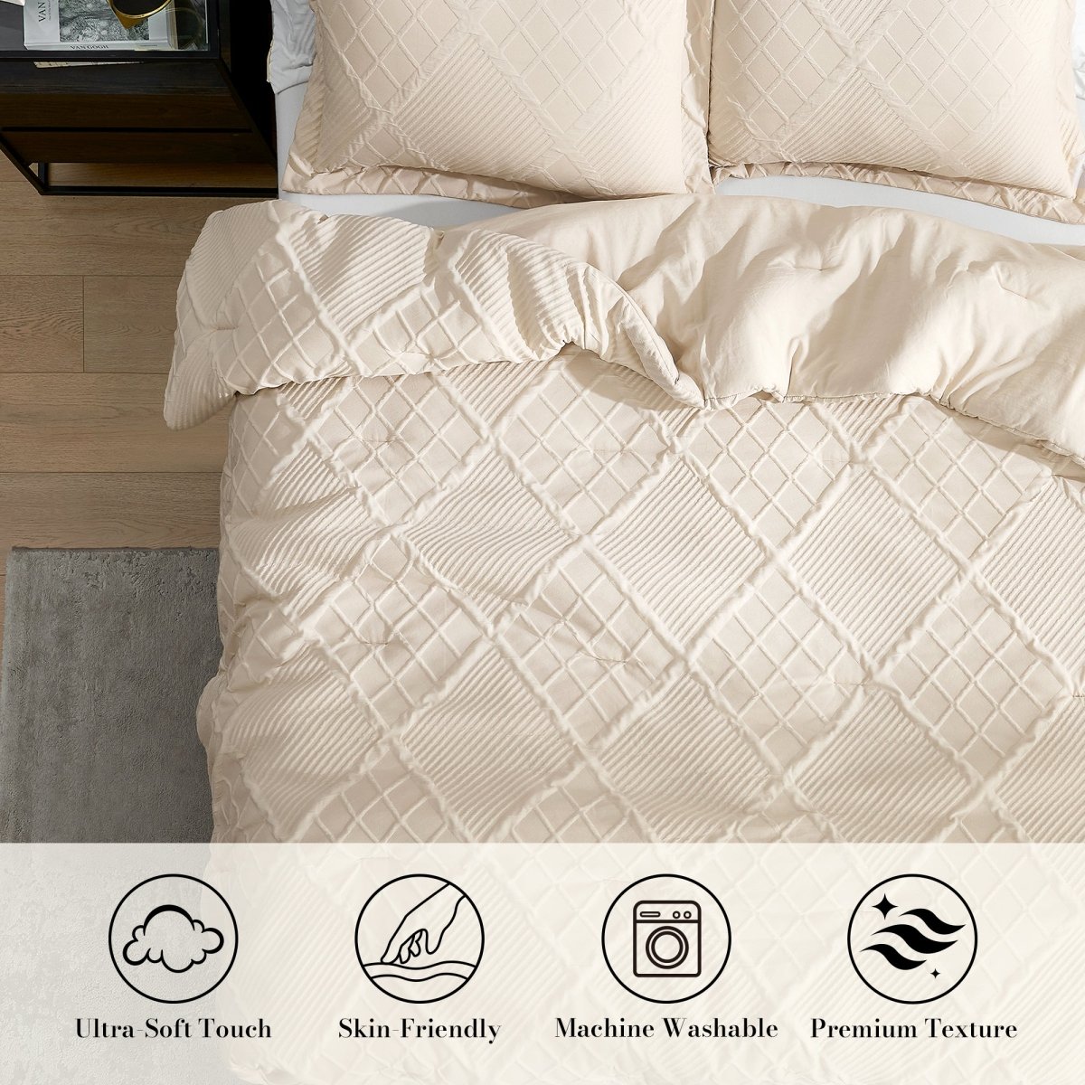 Top-down view of the ultra-soft diamond jacquard comforter with skin-friendly and machine washable fabric #color_Beige