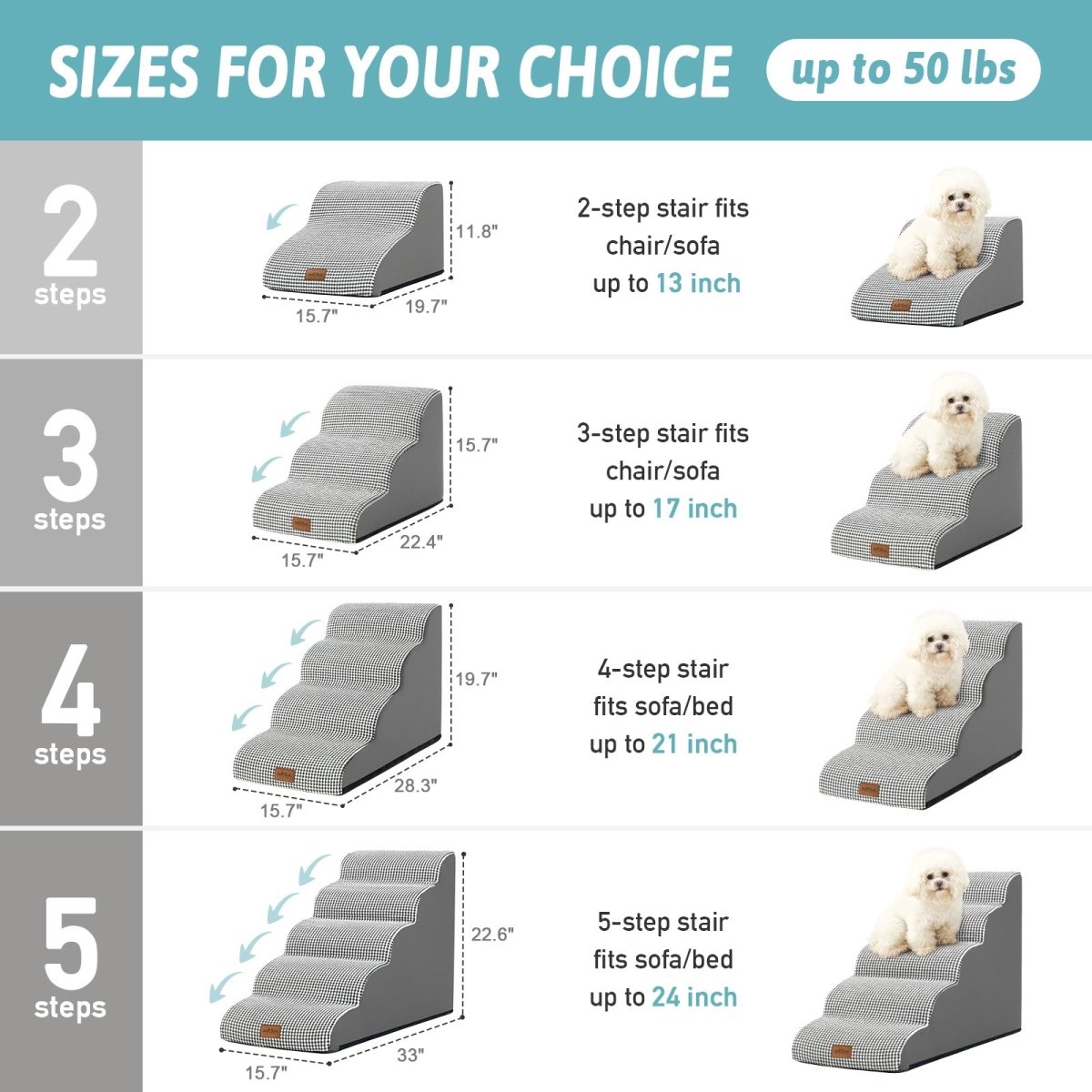 Dog stair sets with step counts and dimensions, suitable for pets up to 50 lbs.#color_Black & White