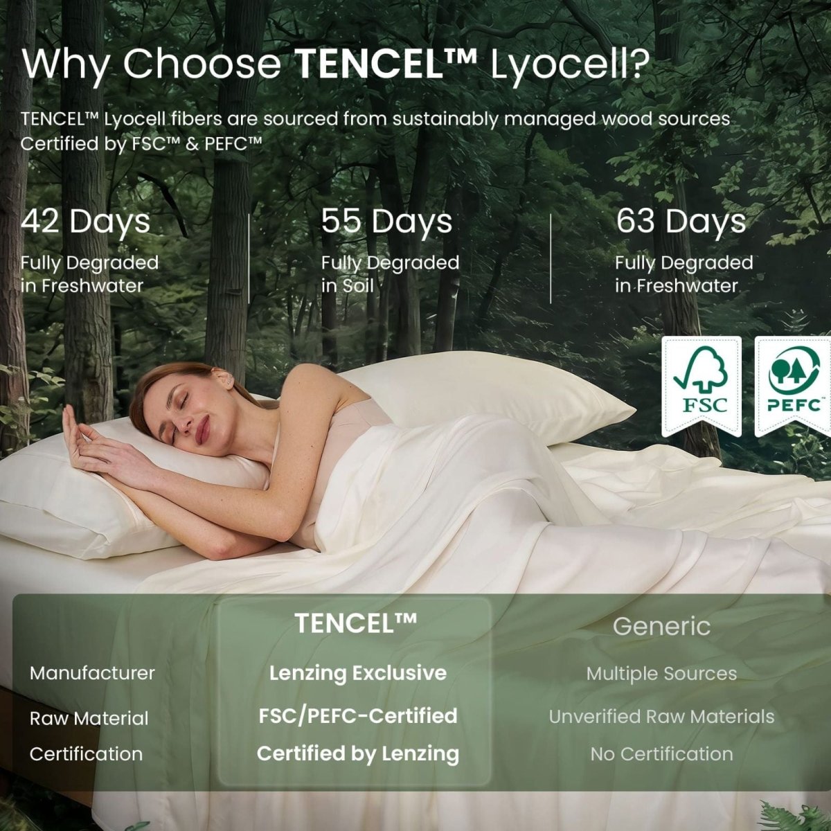 Adult sleeping on Cozy Bliss Tencel™ Eco-friendly Silky Sheet Set, illustrating TENCEL™ Lyocell sustainability and certified sourcing. #color_Cream White