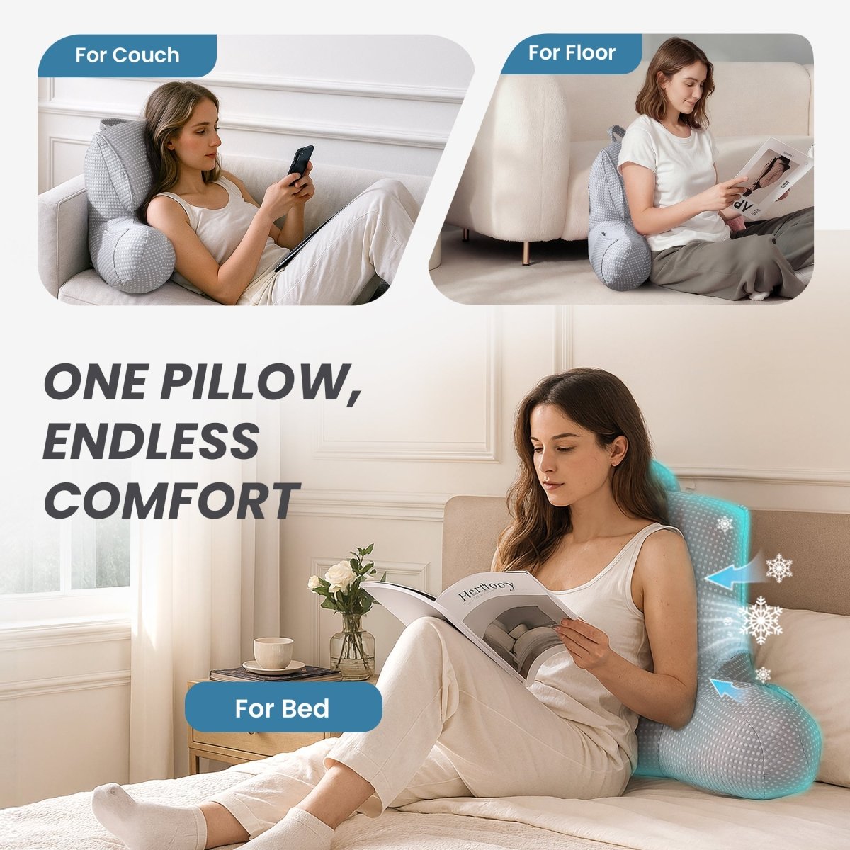 Woman using a multi-functional pillow in various positions on couch, floor, and bed.