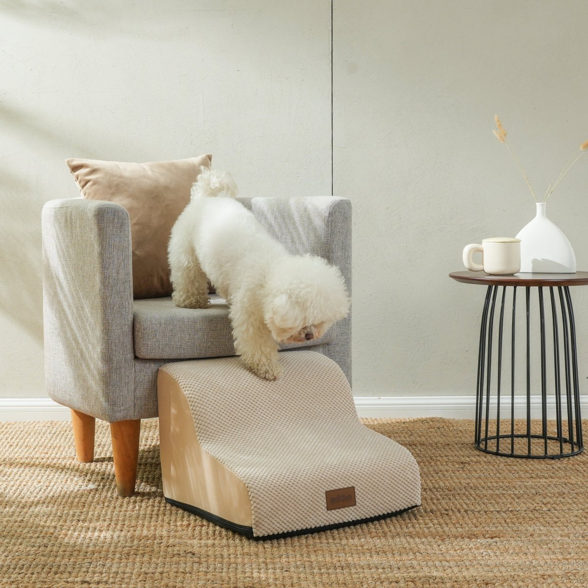Dog using a pet ramp to climb onto a chair in a home setting#Color_Beige