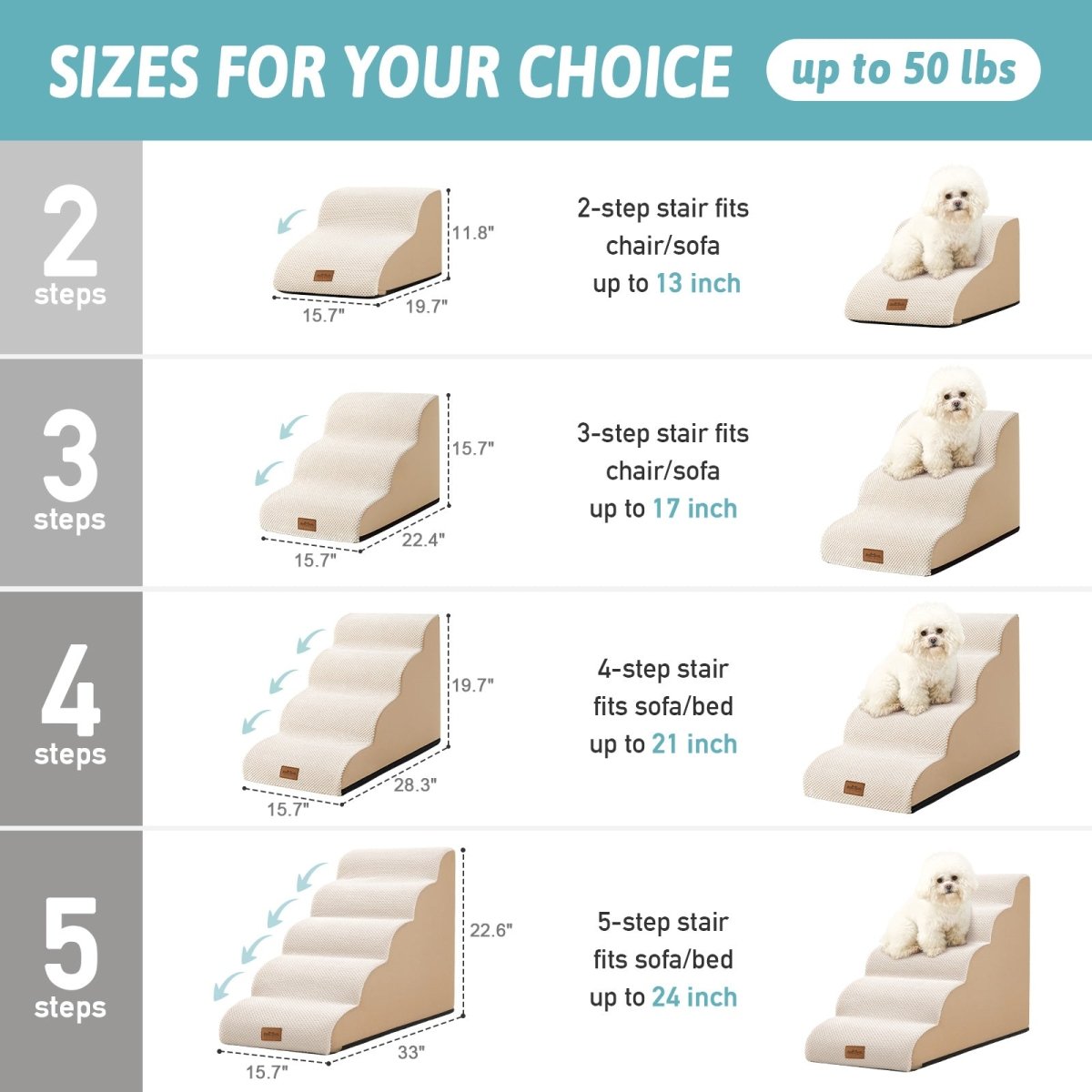 Dog stair set with measurements and a dog on top, displayed against a blue background.#Color_Beige