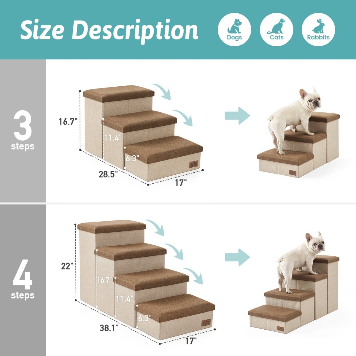 Size description chart for 3-step and 4-step Cozy Bliss storage pet stairs with detailed height and width measurements. #color_Brown