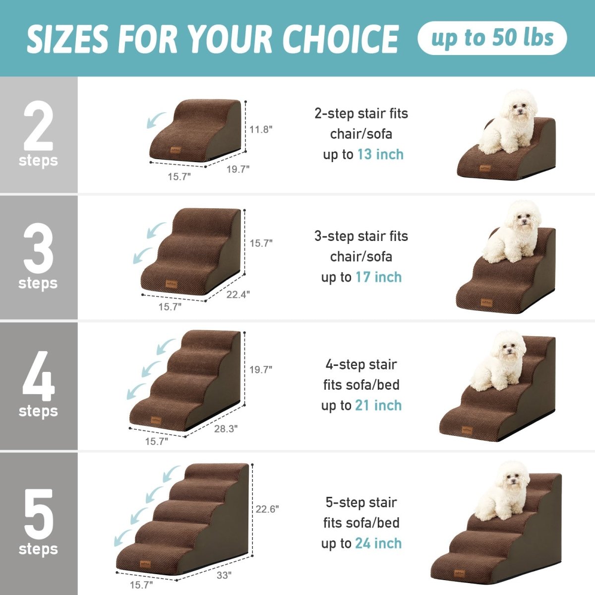 Dog stair ramp with size chart and measurements on a blue background#color_Brown