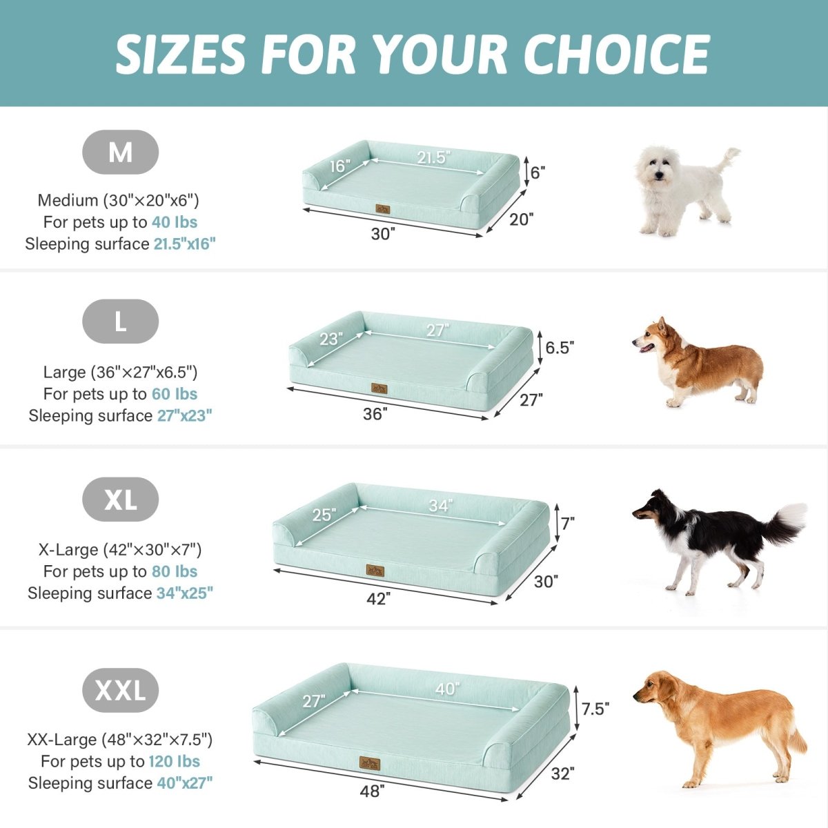 Dog bed size chart with dimensions and weight capacity for different sizes.#color_Light Mint Green