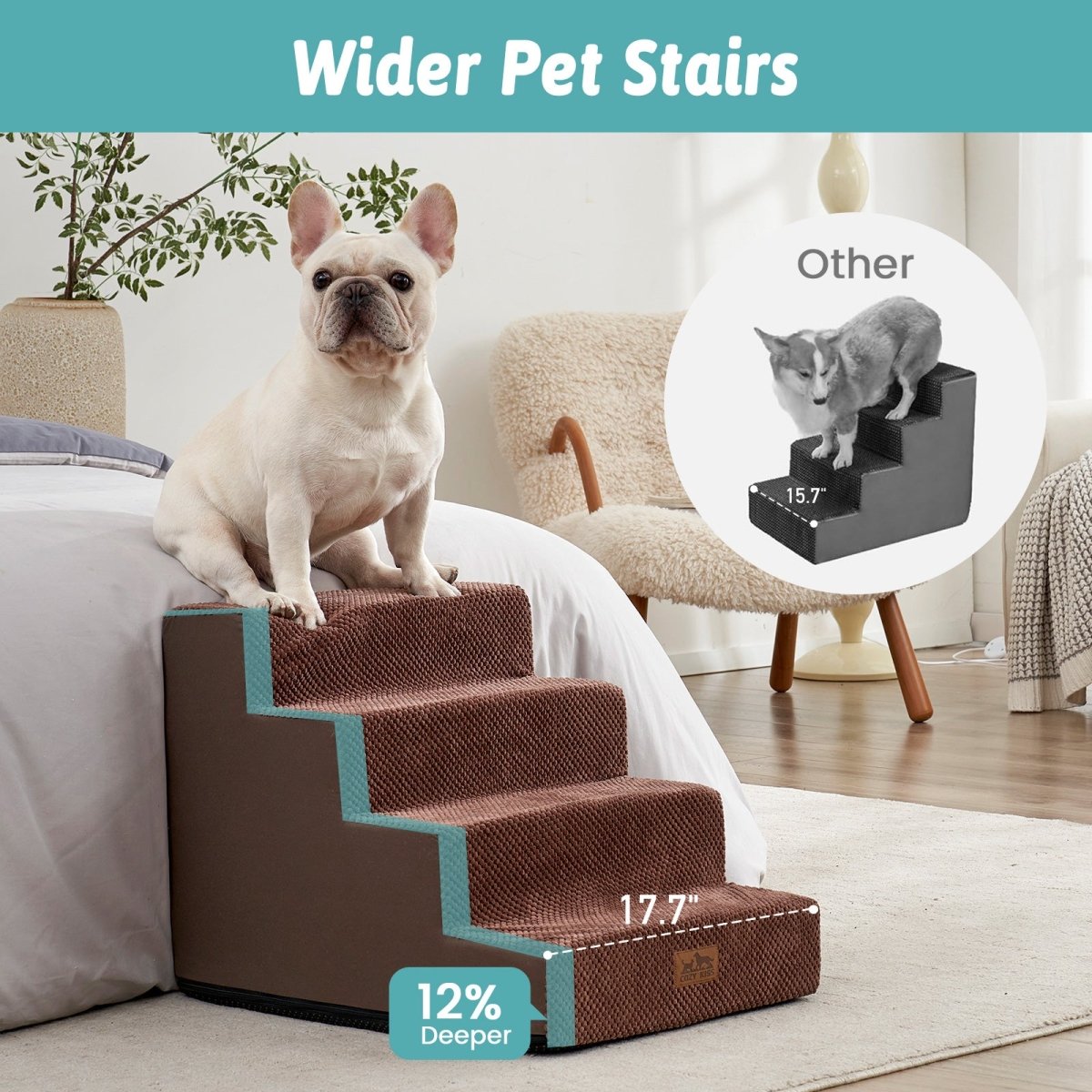 Wider Cozy Bliss foam pet stairs with 12% deeper steps compared to others for better stability. #color_Brown