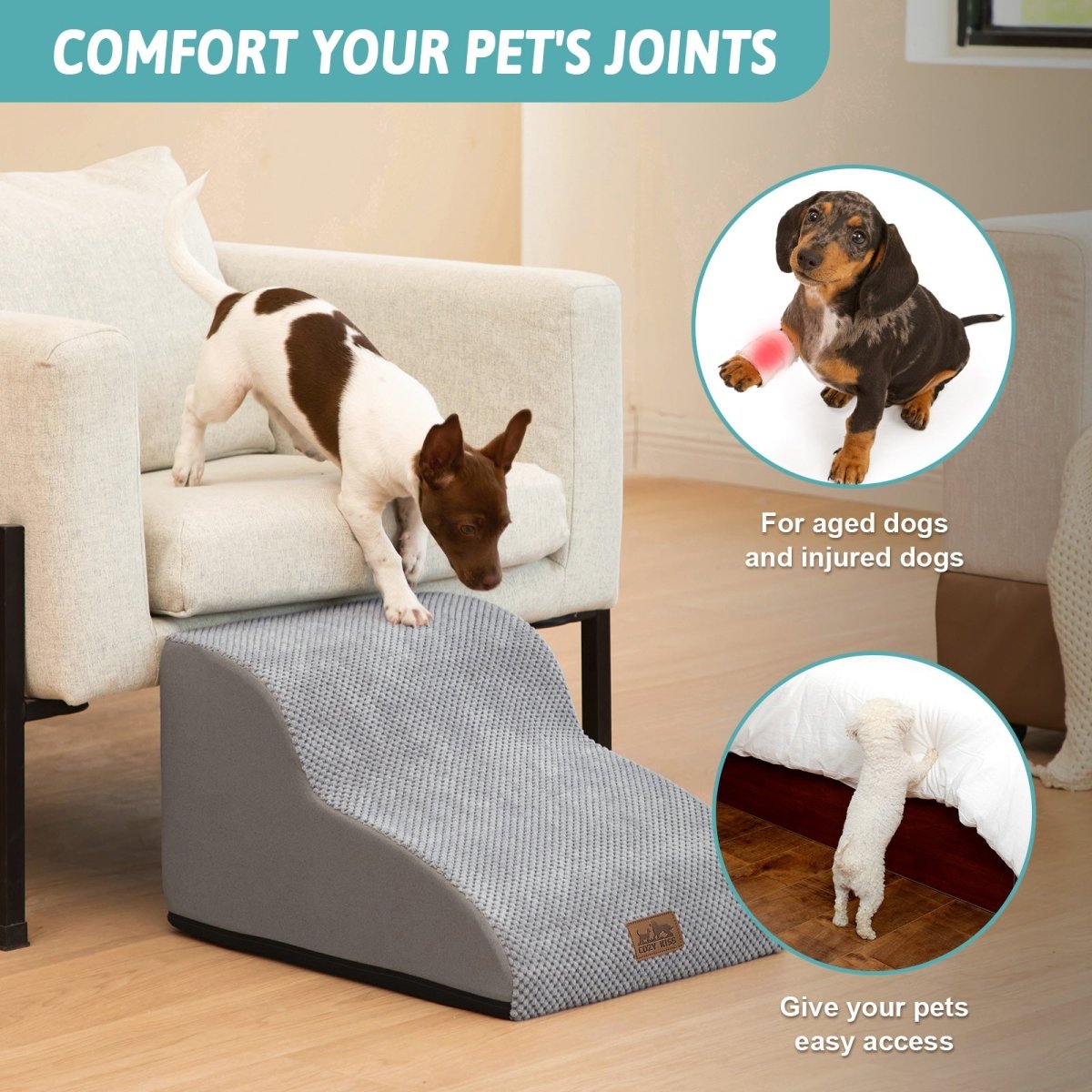 Dog ramp for pets with text highlighting its benefits, placed in a home setting.#Color_Grey