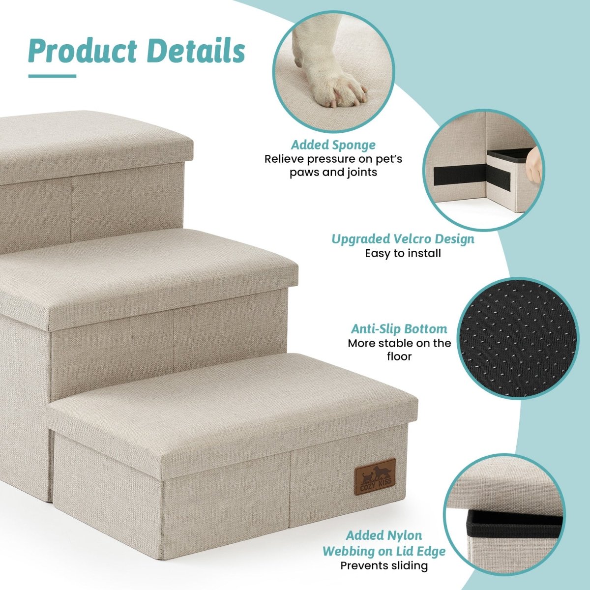 Details of Cozy Bliss 3 Step Arthritis Prevention Storage Pet Stairs in Beige. #color_Beige