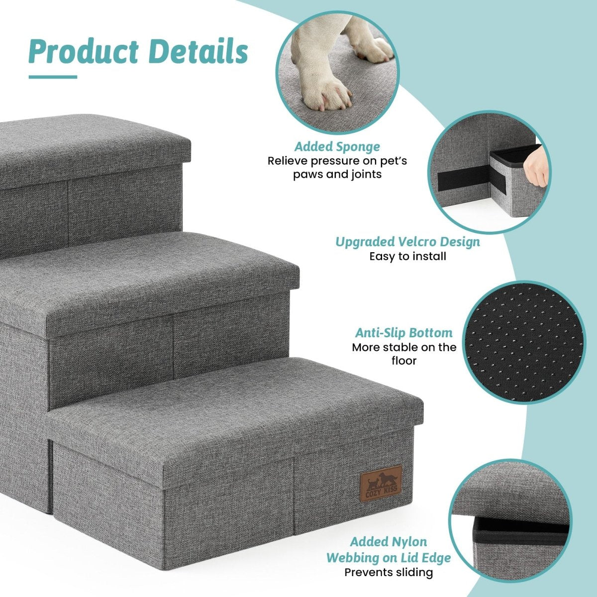 High stability Cozy Bliss storage pet stairs with 180 LBS weight capacity, sturdy and durable. #color_Grey