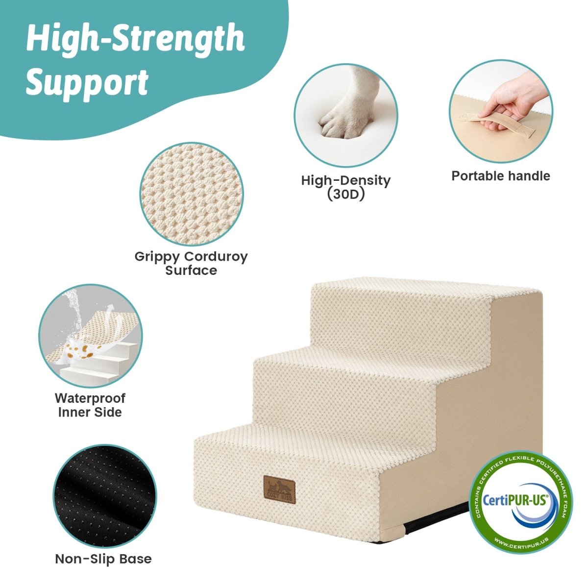 High-strength support of Cozy Bliss foam pet stairs featuring non-slip base, 30D high-density foam, waterproof inner side, and portable handle. #color_Beige