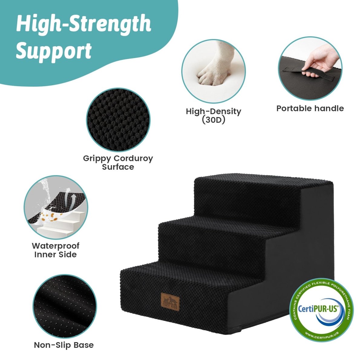 High-strength support of Cozy Bliss foam pet stairs featuring non-slip base, 30D high-density foam, waterproof inner side, and portable handle. #color_Black