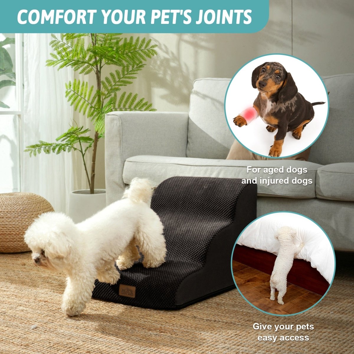 Pet ramp for dogs with text 'Comfort Your Pet's Joints' and images of dogs using it.#Color_Black