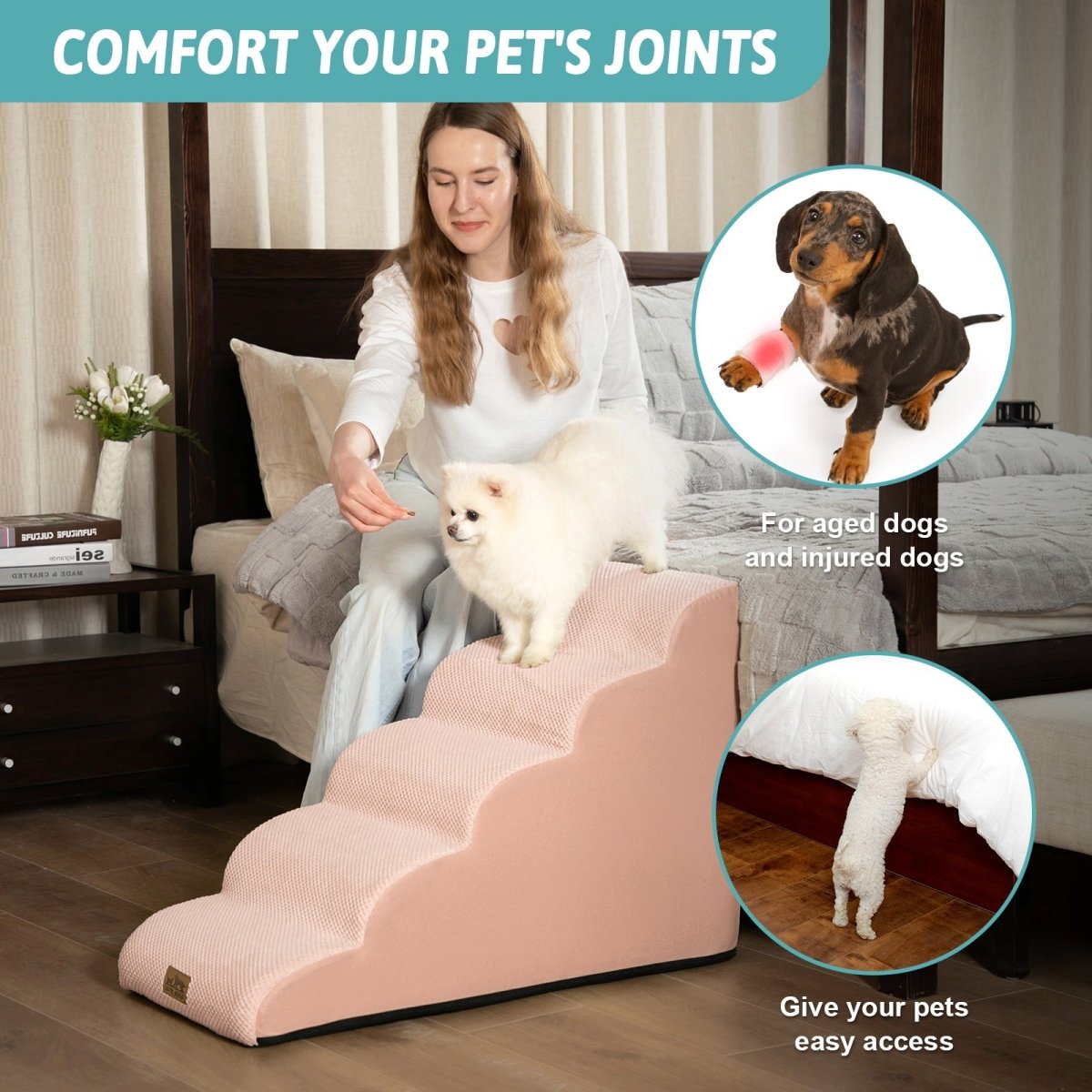 Dog using a pet ramp in a home setting, with text about joint comfort and ease of access for pets.#Color_Pink