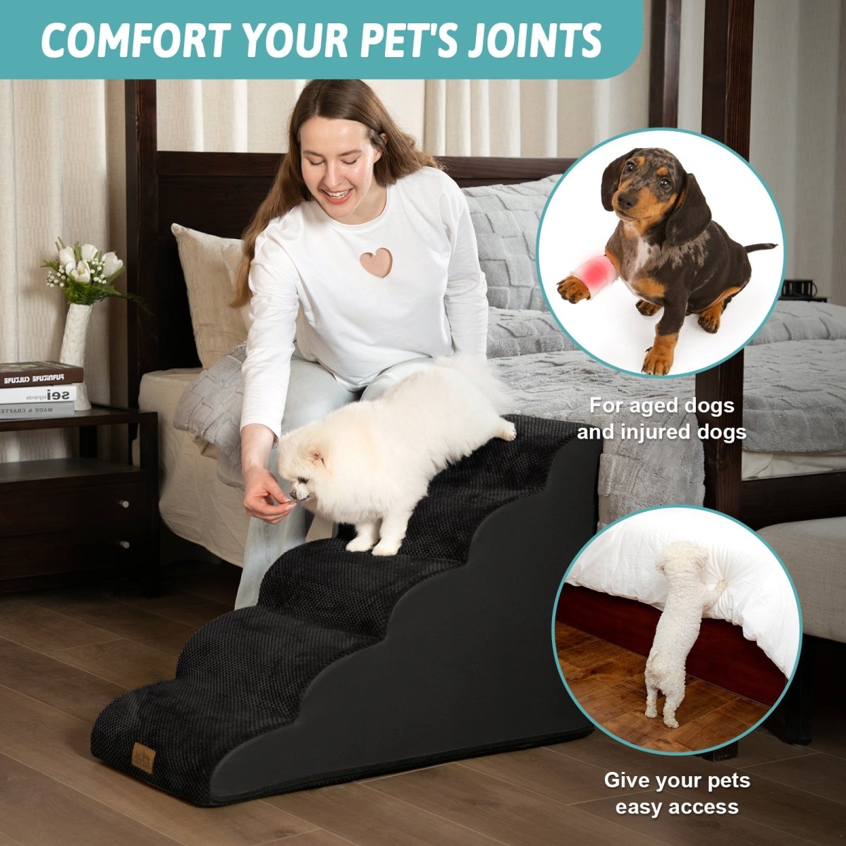 Dog using a pet ramp in a home setting, with text about joint comfort and ease of access for pets.#Color_Black