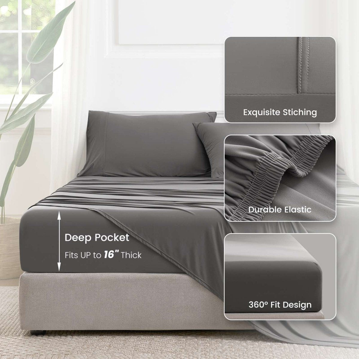 Cozy Bliss Outlast® Performance Cooling Sheet Set fitted on a mattress, highlighting deep pockets up to 16 inches and a 360-degree fit. #color_Dark Grey