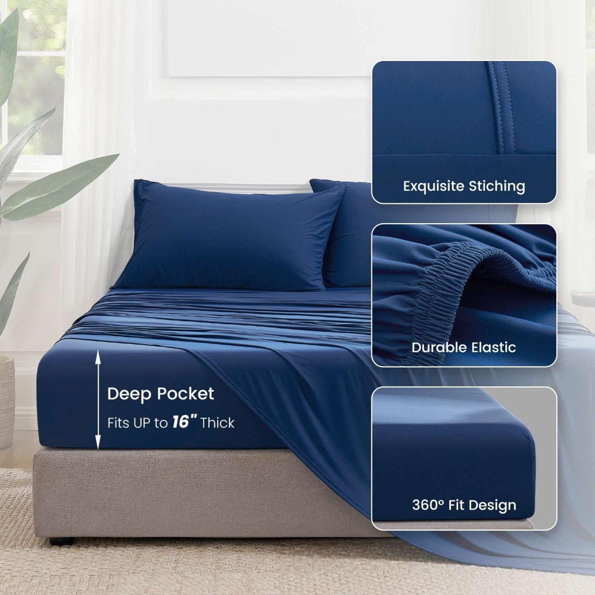 Cozy Bliss Outlast® Performance Cooling Sheet Set fitted on a mattress, highlighting deep pockets up to 16 inches and a 360-degree fit. #color_Navy Blue