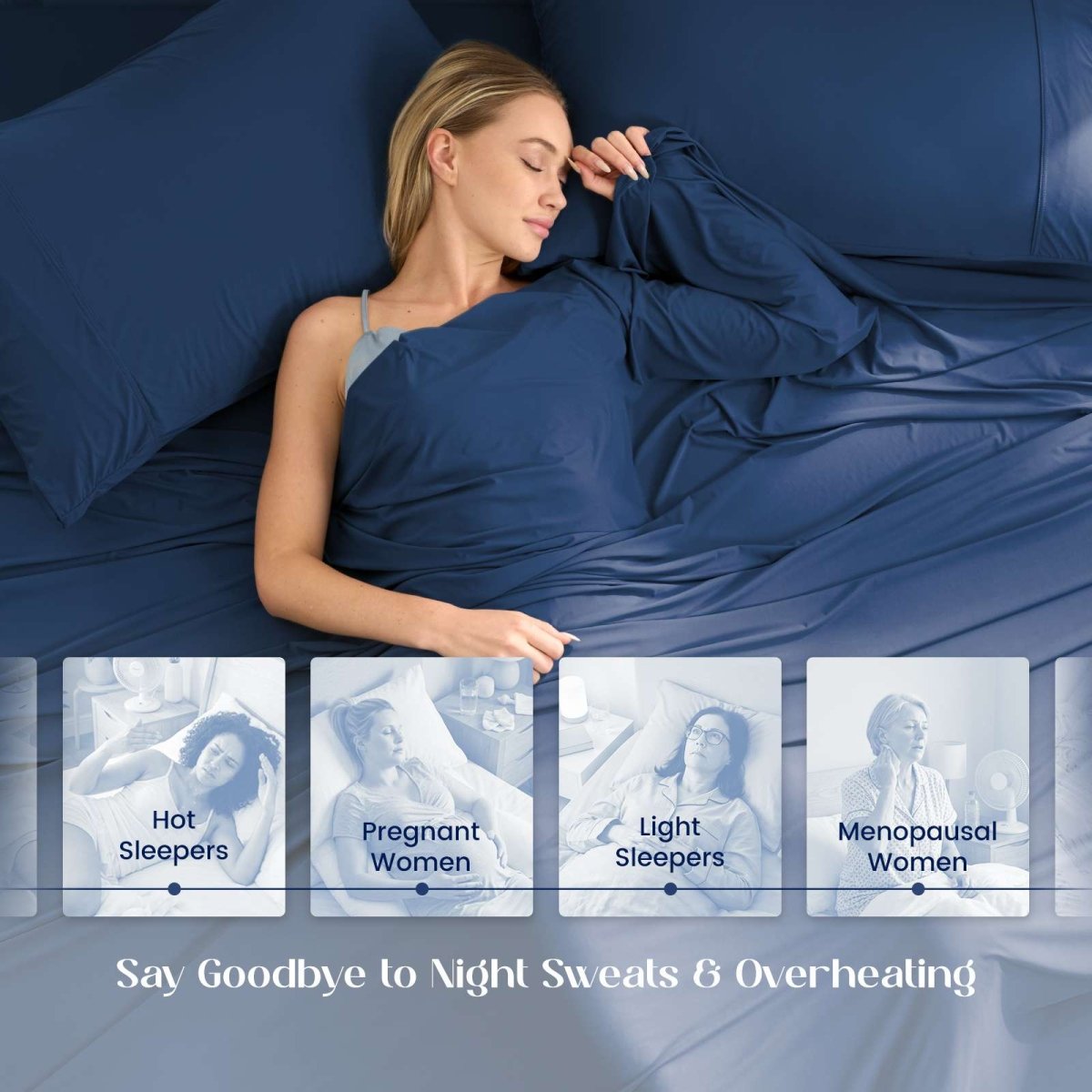 Adult resting on Outlast® Performance Cooling Sheet Set, illustrating cooling comfort and temperature adaptation during sleep. #color_Navy Blue