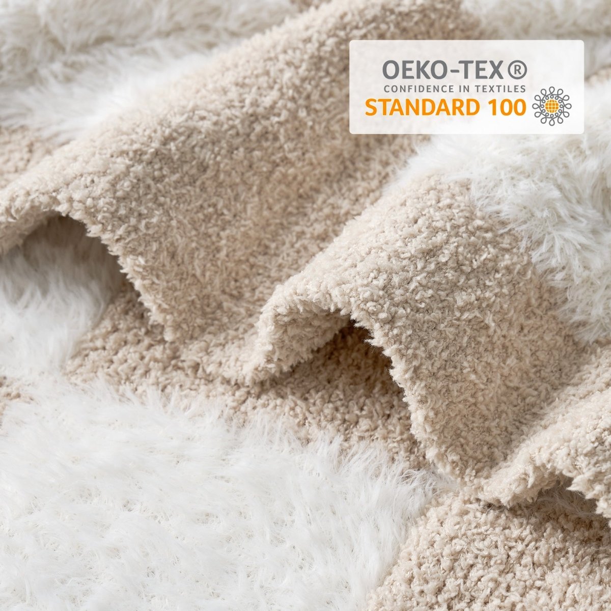 Close-up of Checkered Faux Fur Feather Yarn Throw Blanket in Beige & White showcasing soft texture and OEKO-TEX STANDARD 100 certification. #color_Beige & White