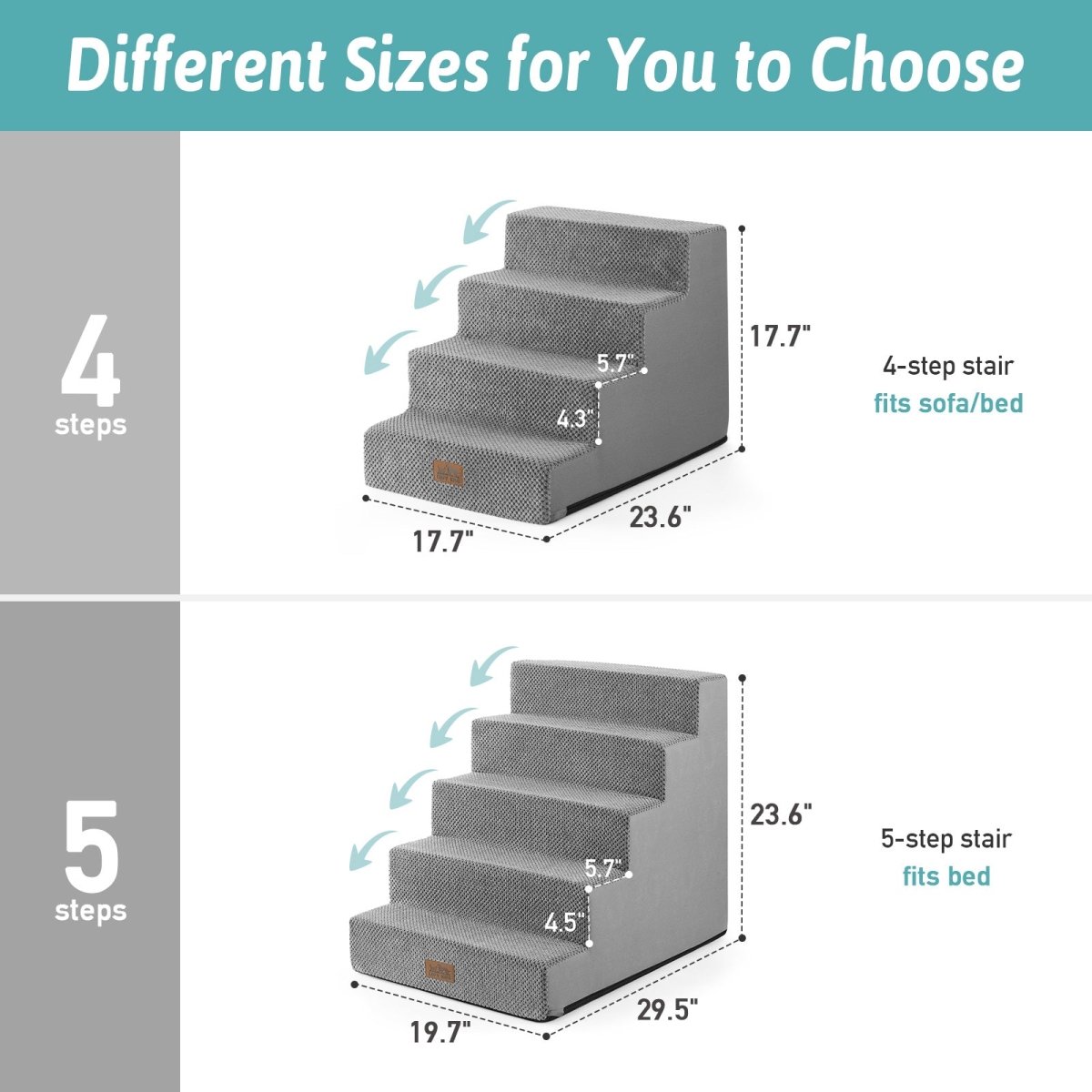 Different sizes of 4-step and 5-step Cozy Bliss foam pet stairs with detailed height measurements. #color_Light Grey