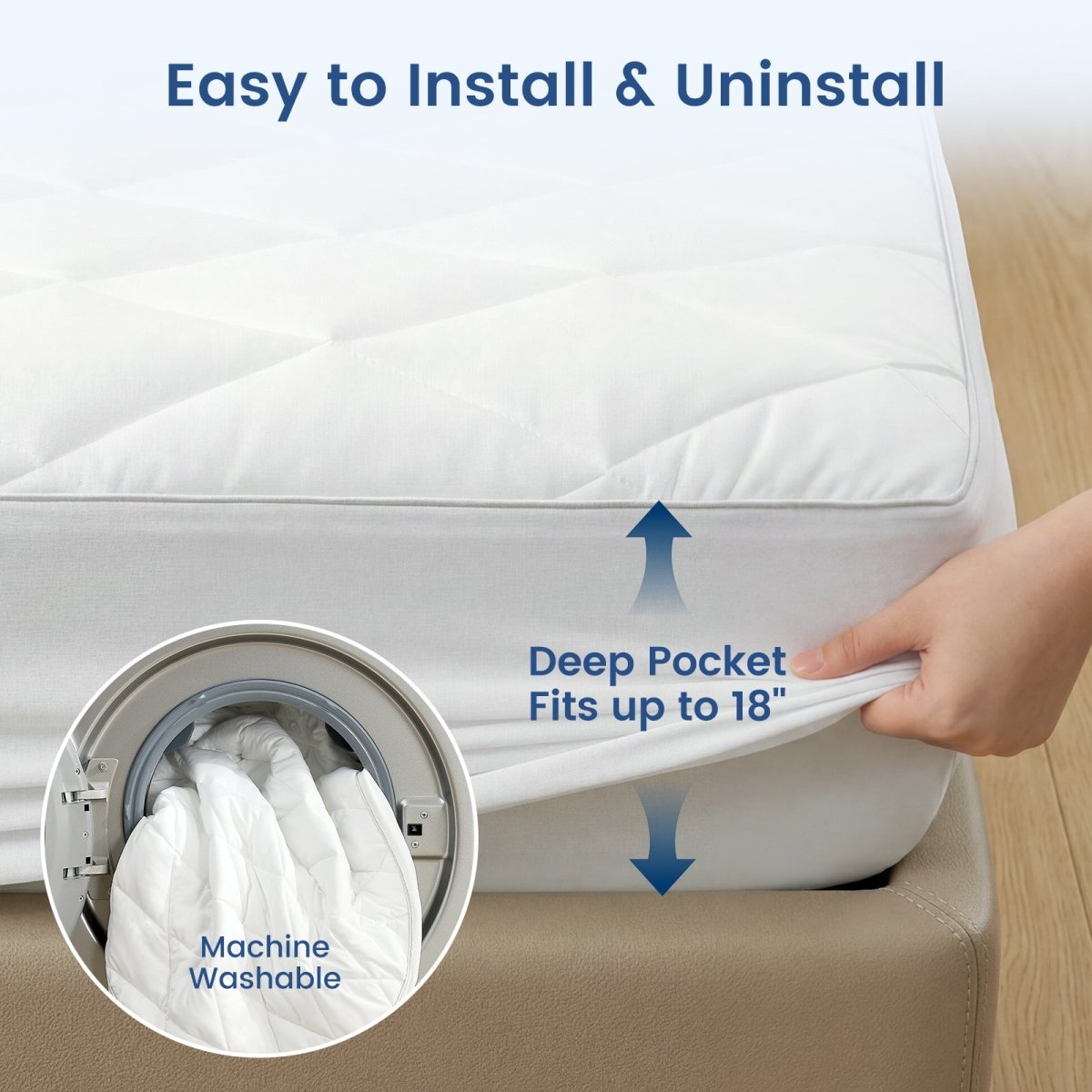 Mattress with deep pocket feature being installed, showing ease of installation and uninstallation. #color_Off White