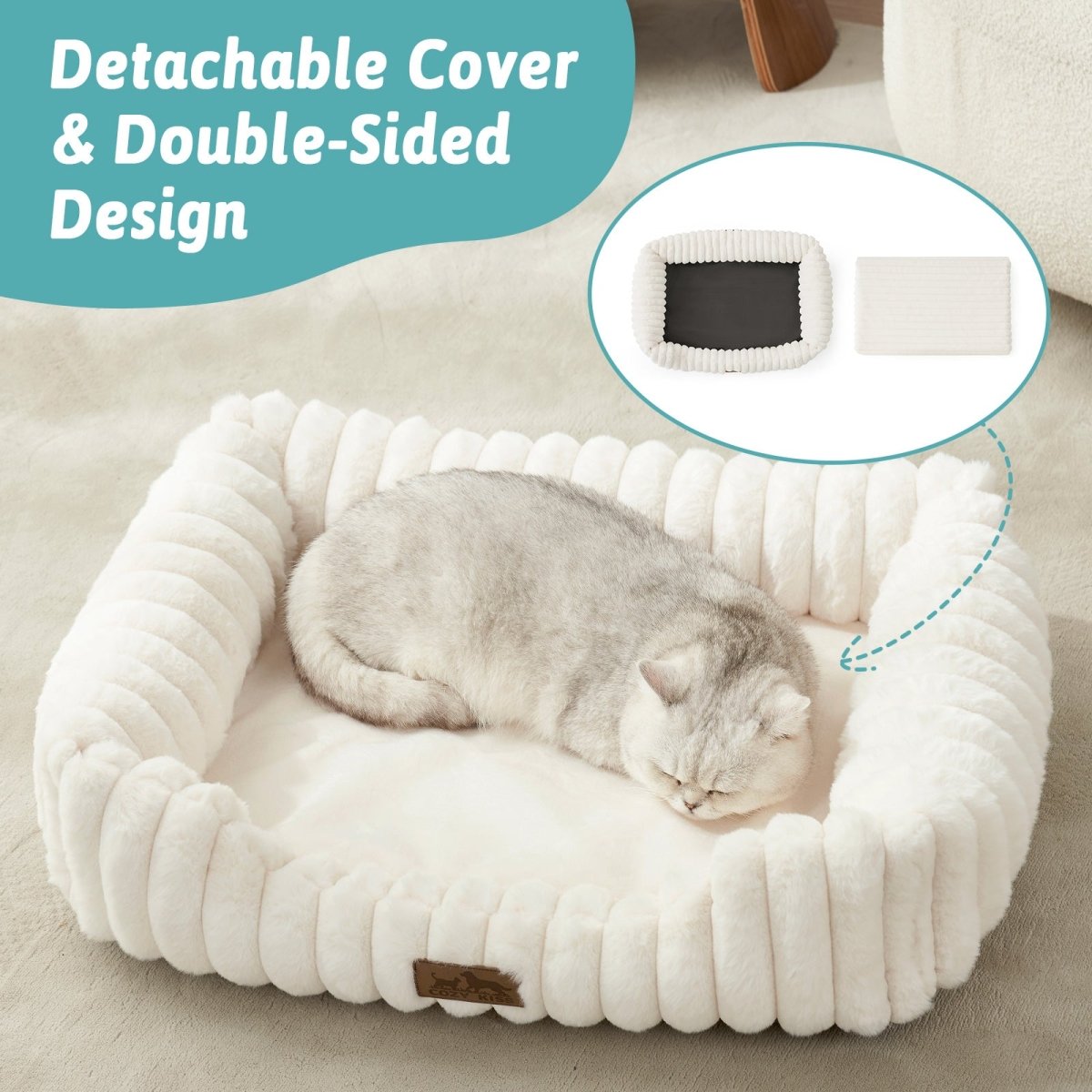 Gray pet bed with a cat inside, featuring detachable cover and double-sided design text.#color_Cream White