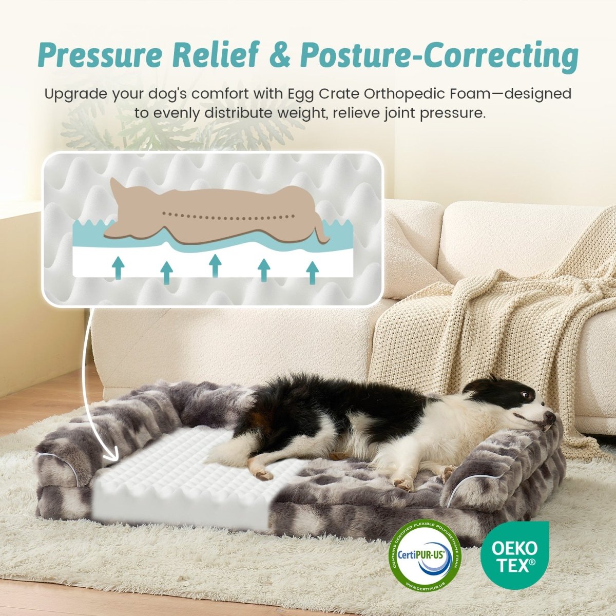 Dog lying on a pressure relief and posture-correcting egg crate orthopedic foam pad with CertiPUR-US and OEKO-TEX certification.#Color_Tie-dye Grey