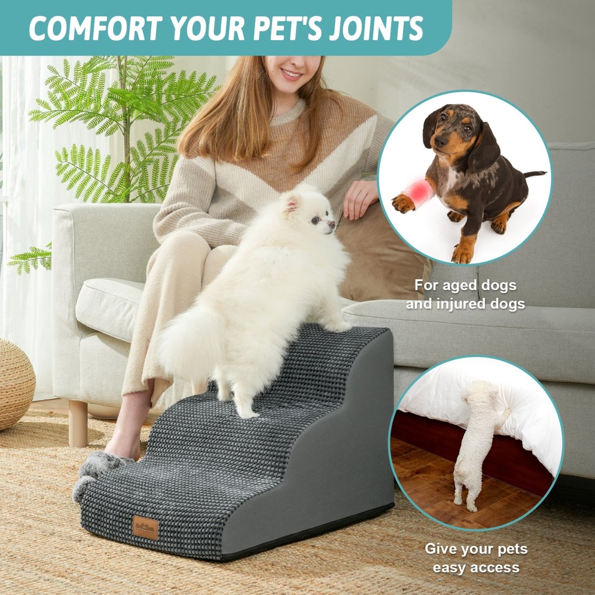 Dog using a pet ramp, surrounded by text about pet joint comfort and ease of access.#Color_Charcoal Grey