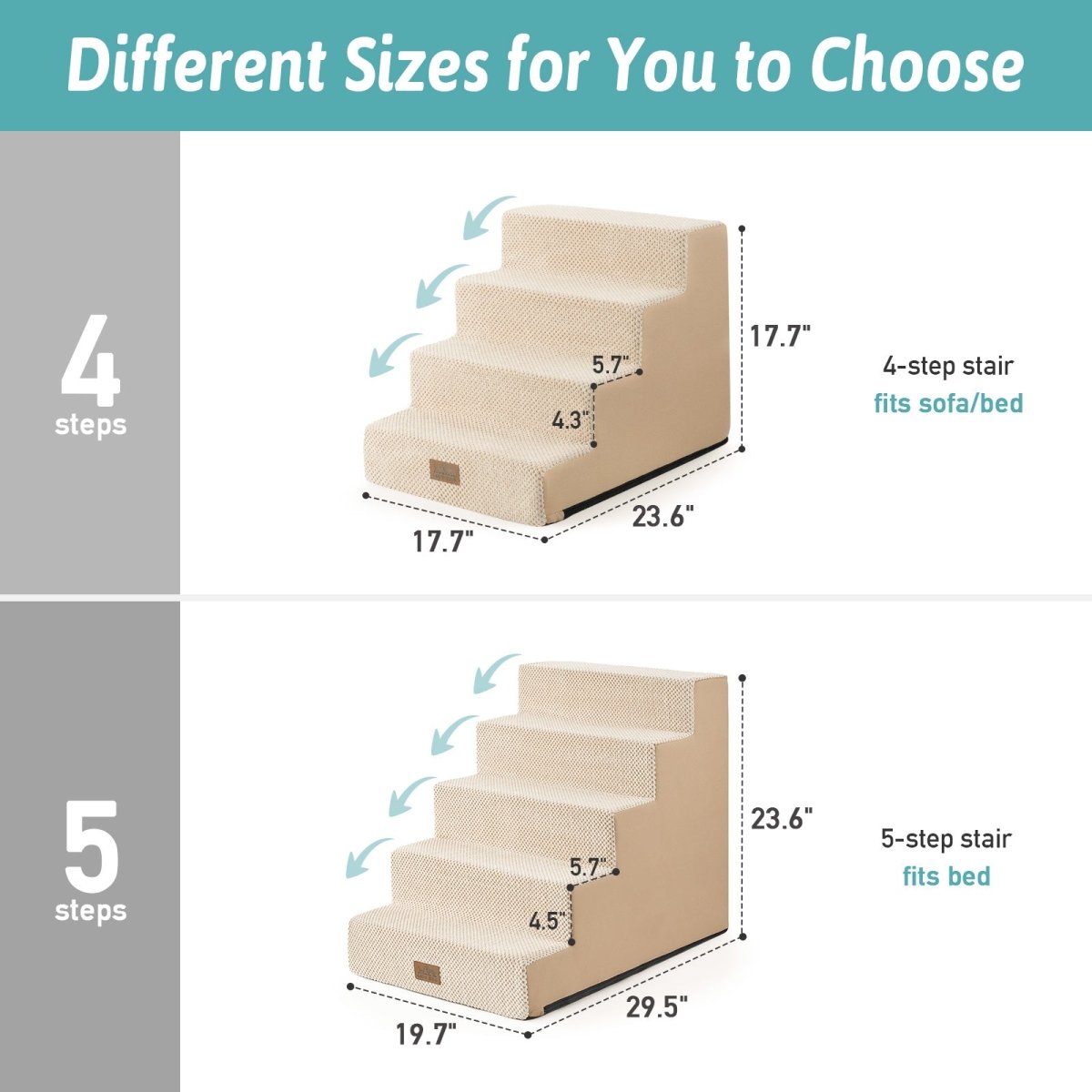 Different sizes of 4-step and 5-step Cozy Bliss foam pet stairs with detailed height measurements. #color_Beige
