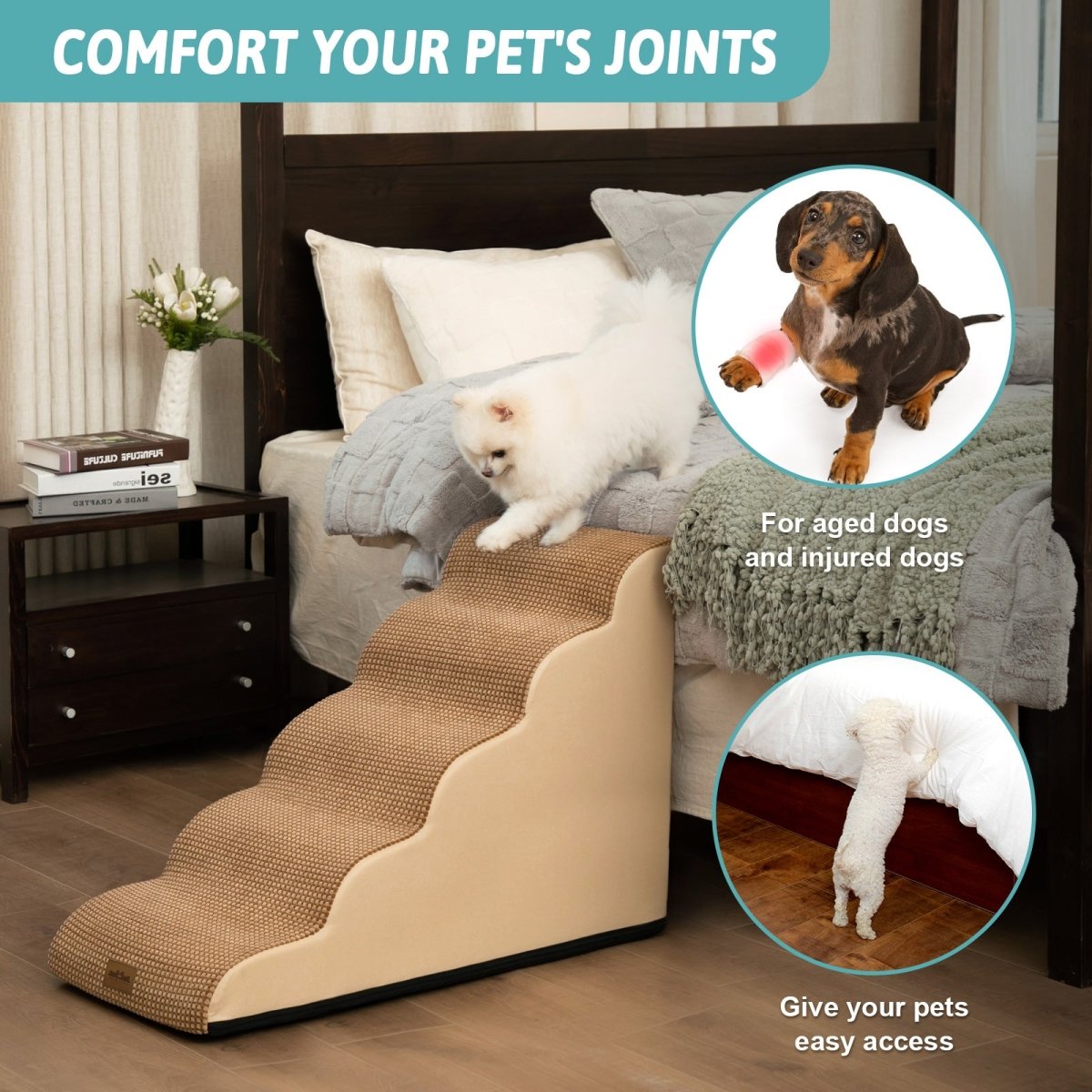 Pet ramp in a bedroom setting with text about pet comfort and ease of access.#color_Light Brown