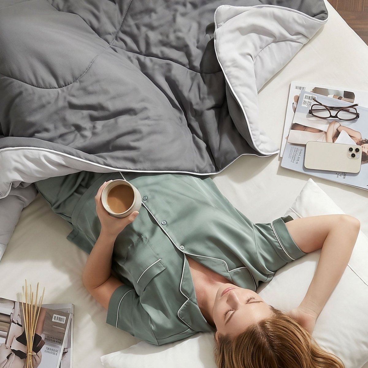 A Woman lying on Cozy Bliss cooling comforter in a room with large windows and a view of trees.#Color_Dark/Light Grey