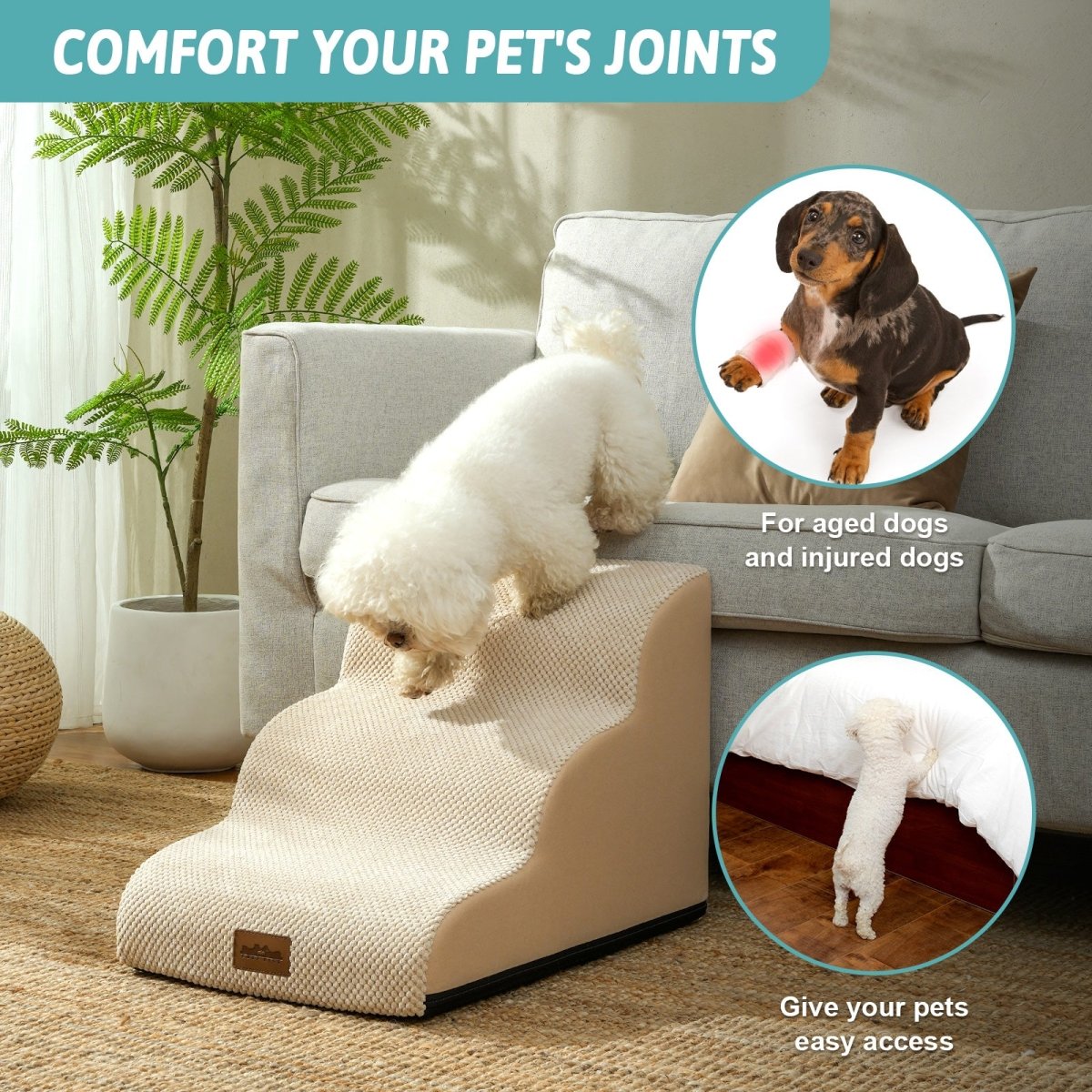 3-Step Dog stair ramp with text 'Comfort Your Pet's Joints' and images of dogs using it.#Color_Beige