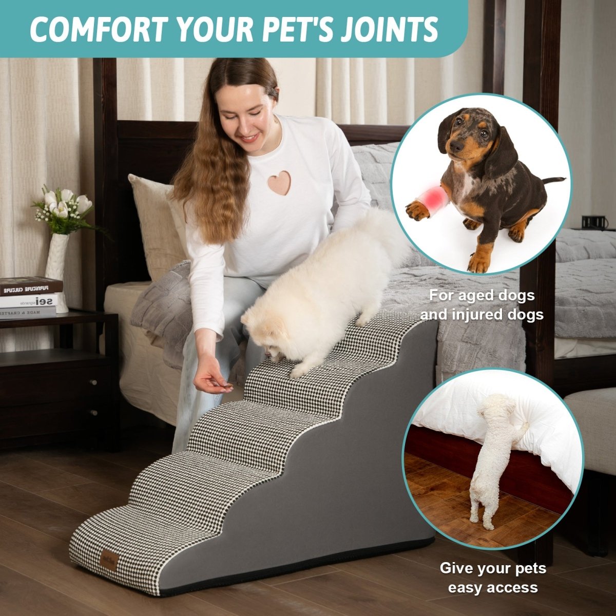 Dog using a pet ramp in a bedroom setting, with text about pet joint comfort and easy access.#color_Black & White