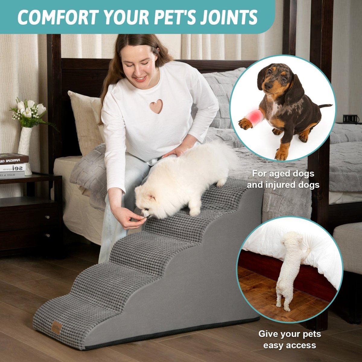 Dog using pet stairs in a bedroom setting#color_Dark Grey