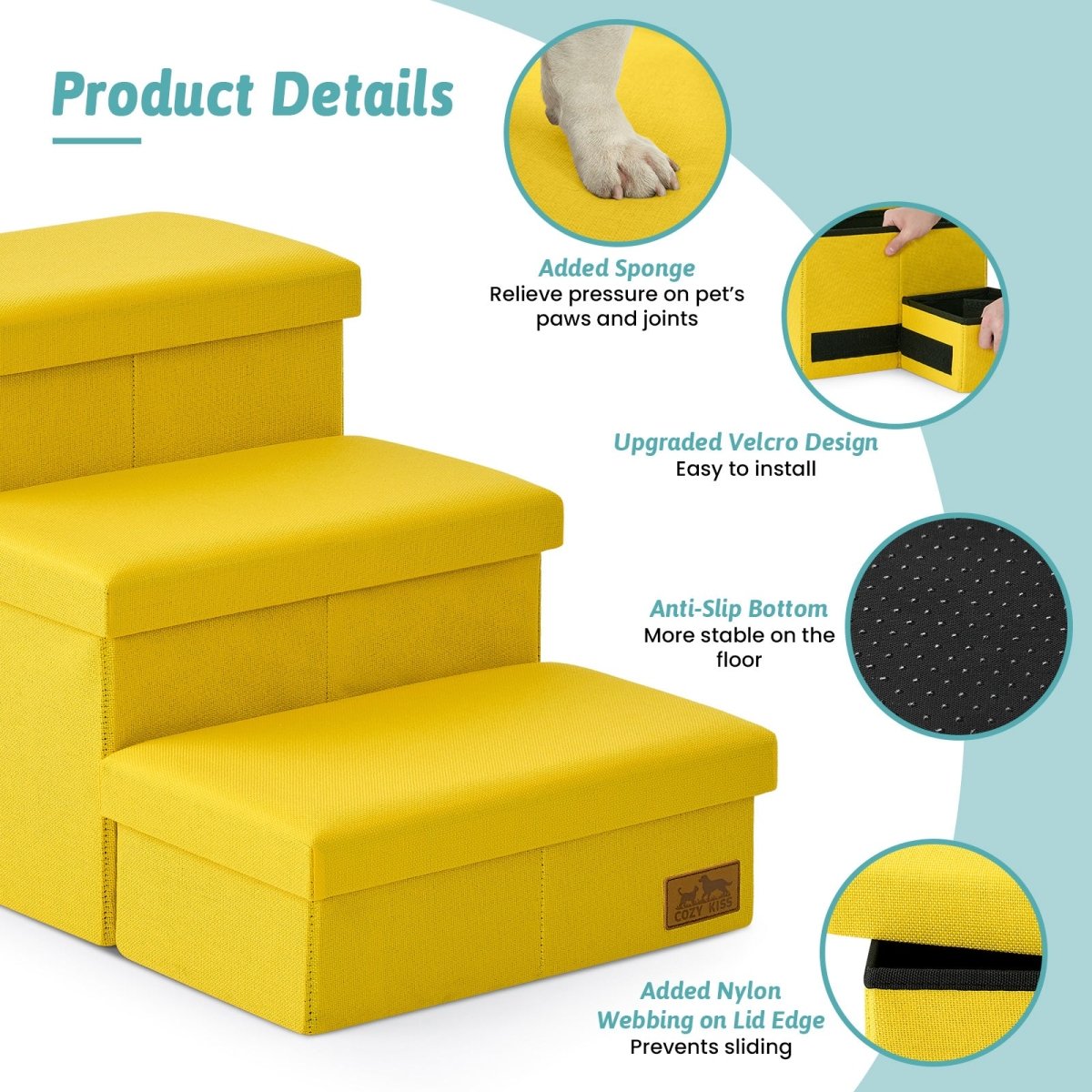 High stability Cozy Bliss storage pet stairs with 180 LBS weight capacity, sturdy and durable. #color_Yellow