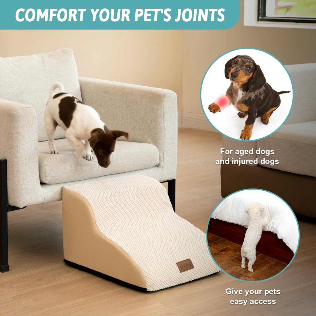 Pet stairs for dogs with text on comfort and ease of access, in a living room setting.#Color_Beige